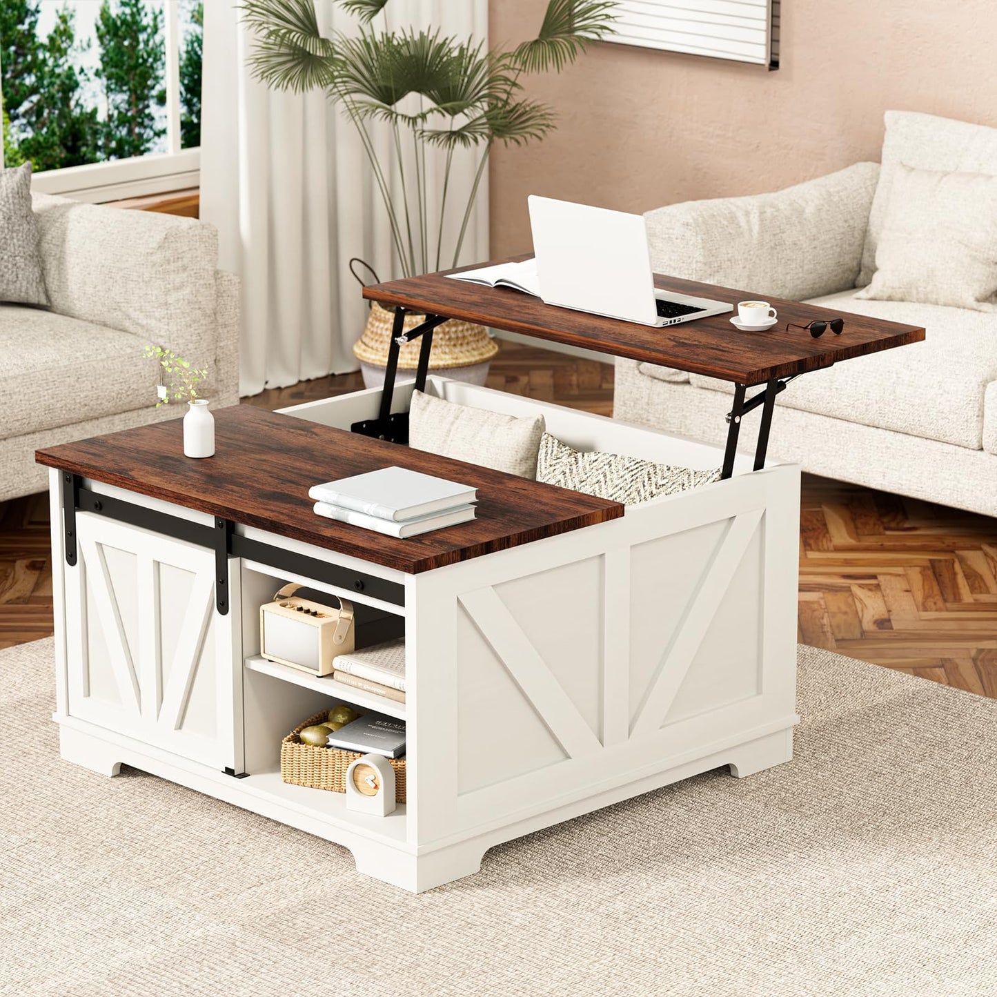 Loftiage 31.5” Lift Top Coffee Table with Hidden Storage, Farmhouse & Modern Square Coffee Table, Space Saving Center Table for Living Room, Home Office, Small Spaces