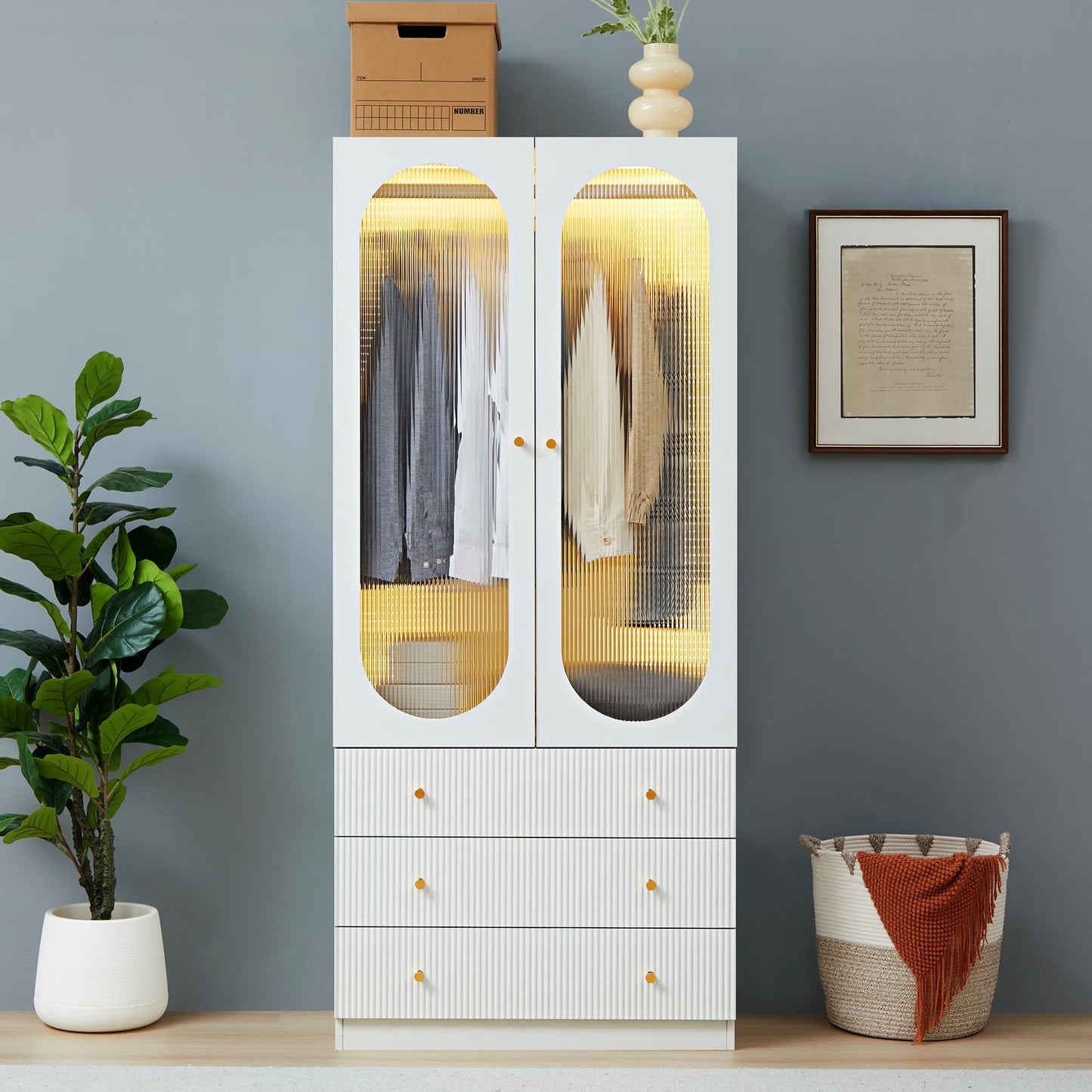 YUCHIATH 70" H Armoire Wardrobe Closet with 2 Glass Doors, Modern Wardrobe Closet with 3 Fluted Drawers and Hanging Rail, Armoire Clothing Organizer for Bedroom (White-2) (White-2)