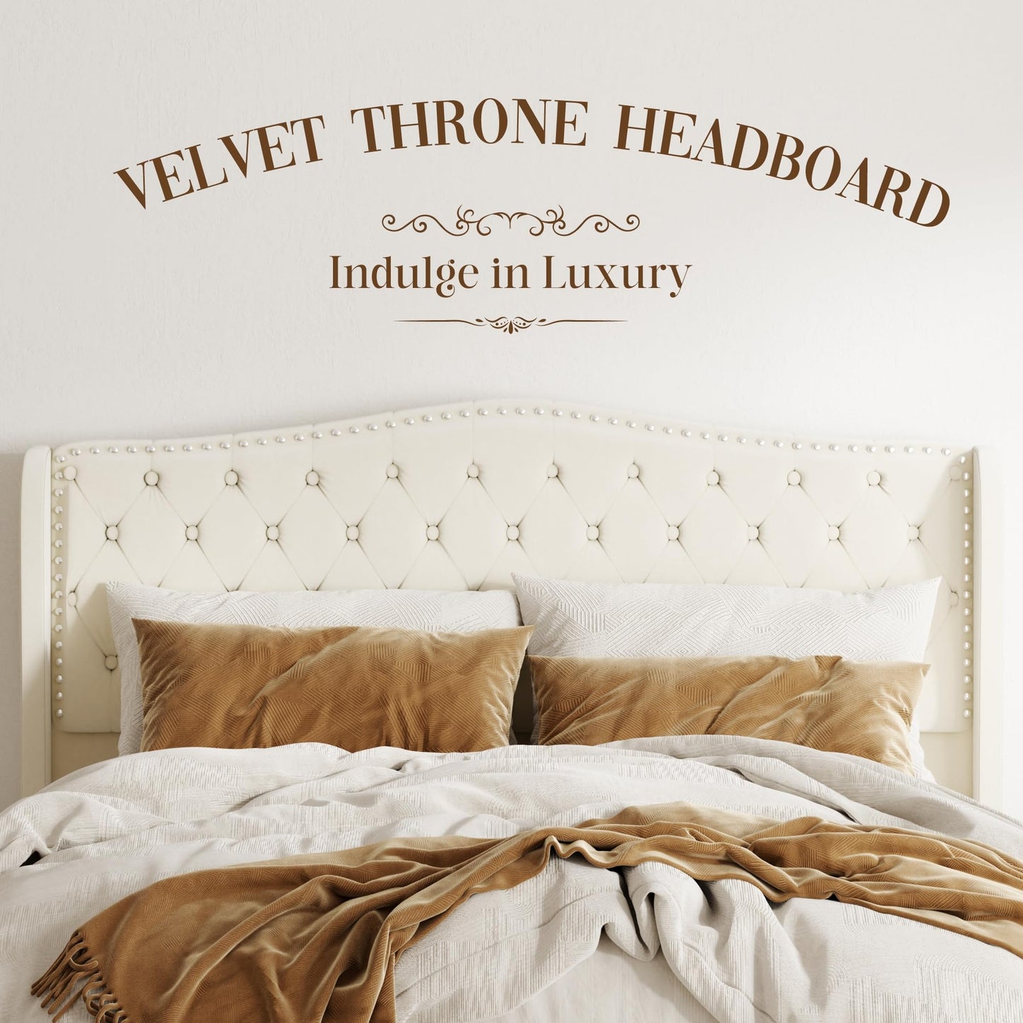 SwnftWinnt Queen Size Upholstered Bed Frame, Velvet Luxury Wingback Headboard, Platform Bed with Deep Button Tufted & Nailhead Trim, No Box Spring Needed, Noise Free, Easy Assembly, Beige