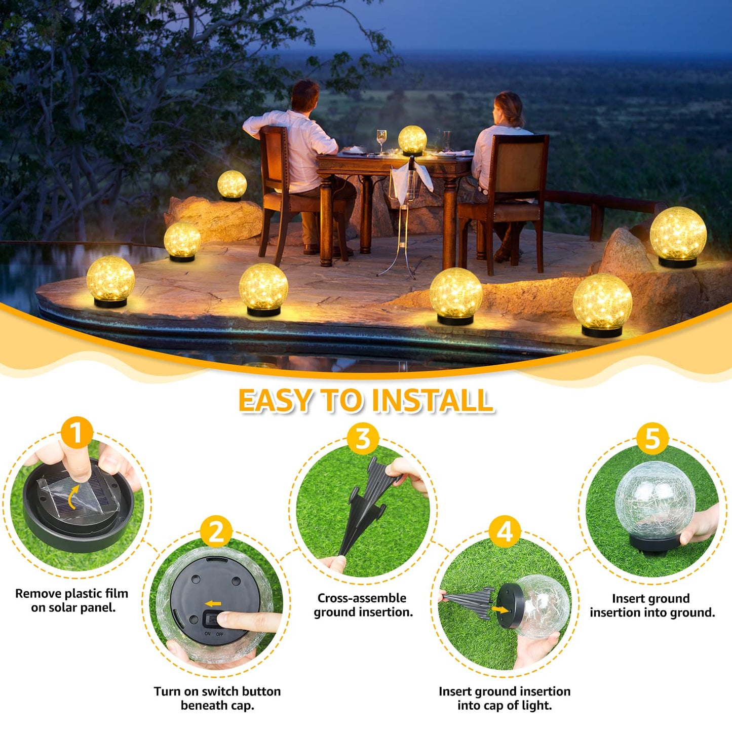ASOMST 2-Pack Garden Solar Lights Outdoor, Cracked Glass Ball Light Waterproof, Decorative Solar Globe Lights Warm White for Yard Pathway Patio Lawn