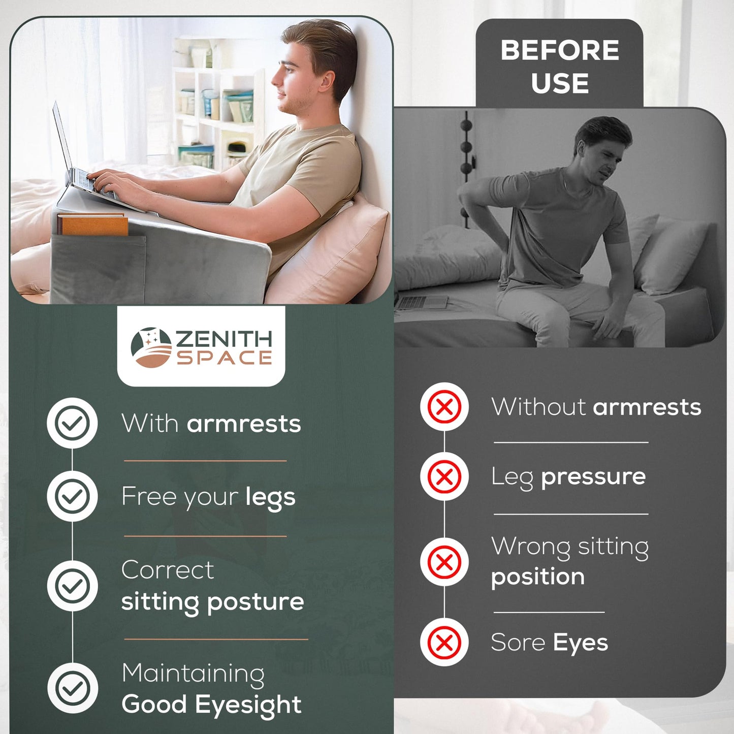 Zenith Space - Reading Pillow for Lap to Improve Your Reading Experience - Memory Foam Adult Gaming Pillow for Bed with Cup Holder - Allow 24–72 hrs to Fully Expand - Maximizing Your Comfort
