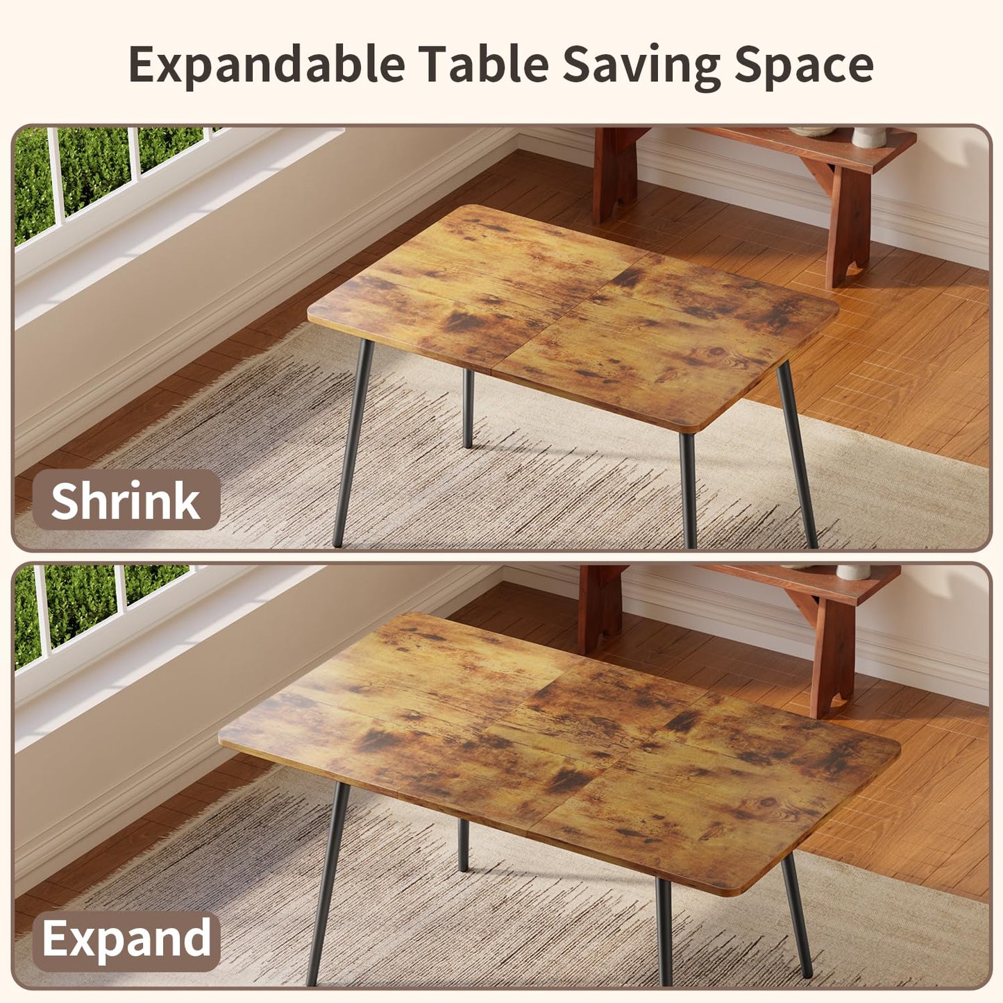 Qsun 63” Extendable Dining Table Set for 4-6 People, 7-Piece Dining Table Set for 6 People with 6 Chairs, MDF Wood Board Kitchen Table Set for Small Space and Apartment, Rustic Brown