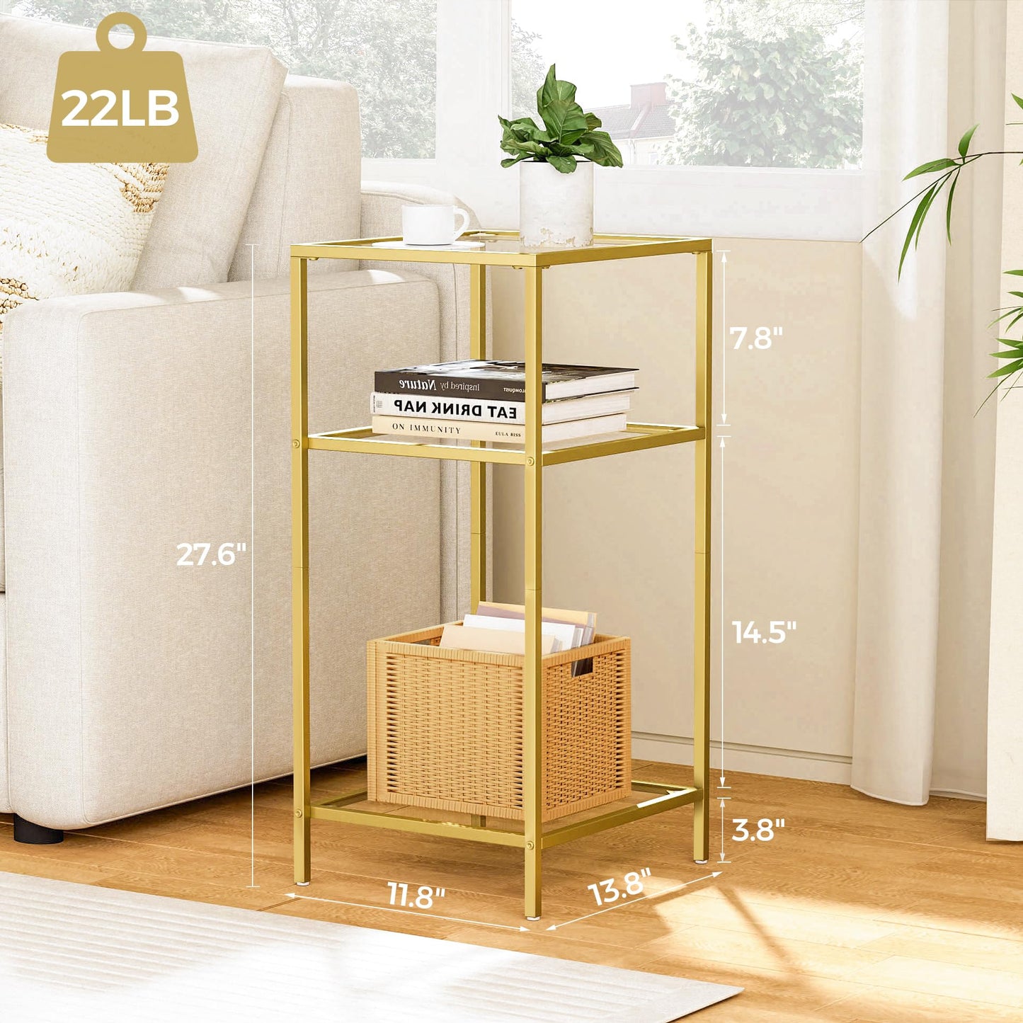 Homhedy 3-Tier Side Tables Set of 2, End Tables with Tempered Glass, Nightstands with Storage Shelves, Slim Sofa Tables for Living Room, Bedroom (2, Golden)