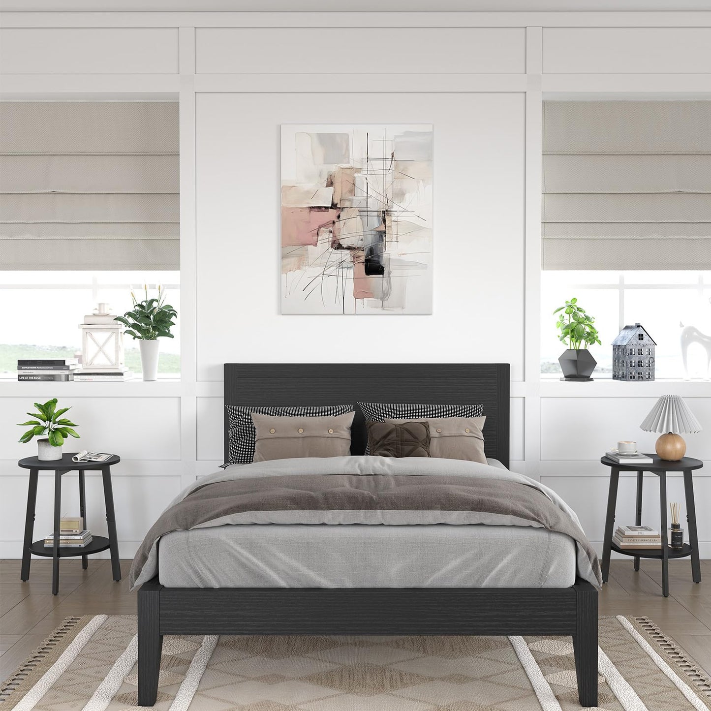 sthmec Side Table Set of 2, Small Round End Table with Storage Shelf for Small Space, 2-Tier Black Bedside Table Sofa Couch Table, Nighstands Set of 2 Accent Table for Living Room, Bedroom, Black