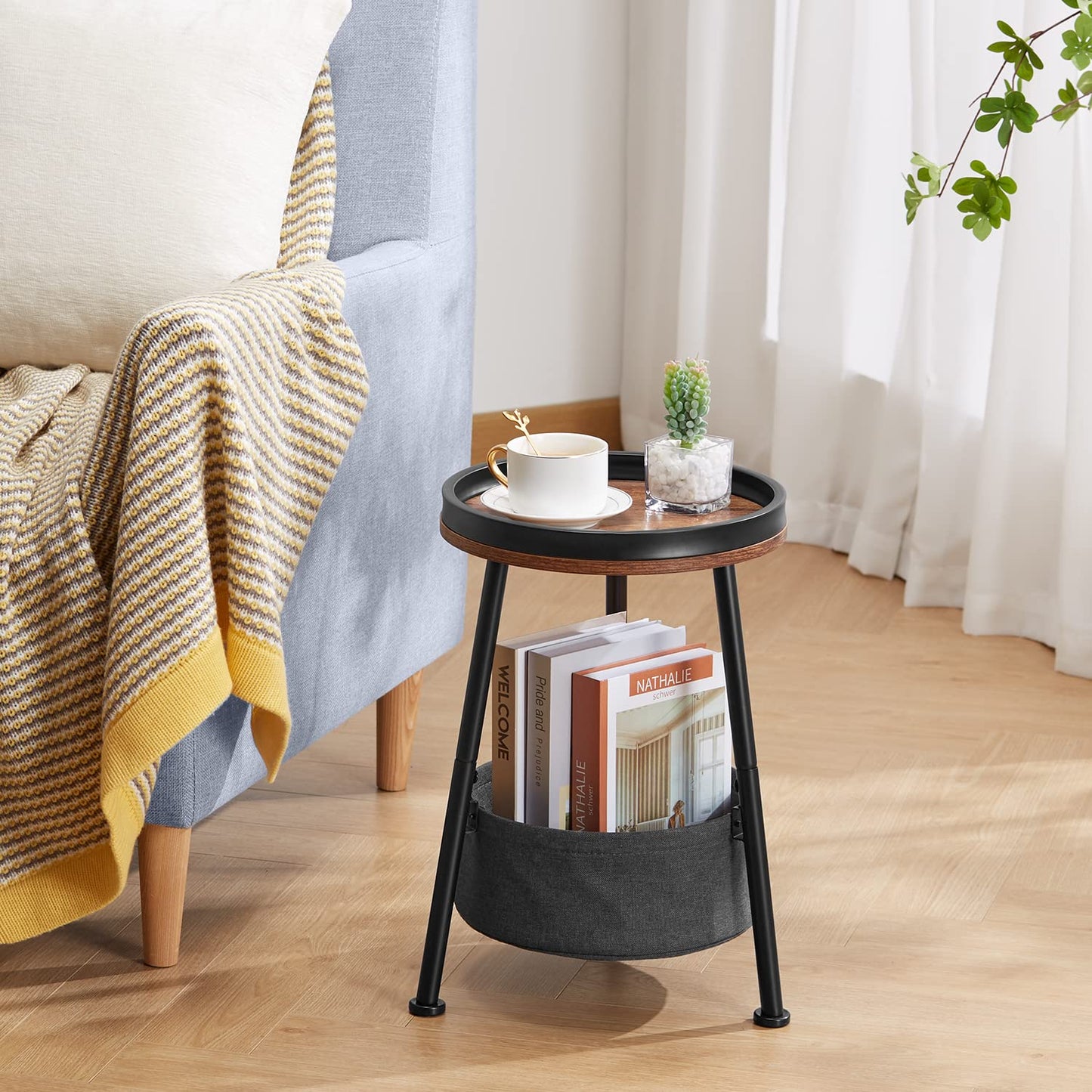 LEMONDA Small Round End Table, 2 Tier Round Side Table with Storage Basket,11.8”D*17.8”H Small Round Table,Sofa Side Table,Small Round Nightstand for Living Room Bedroom