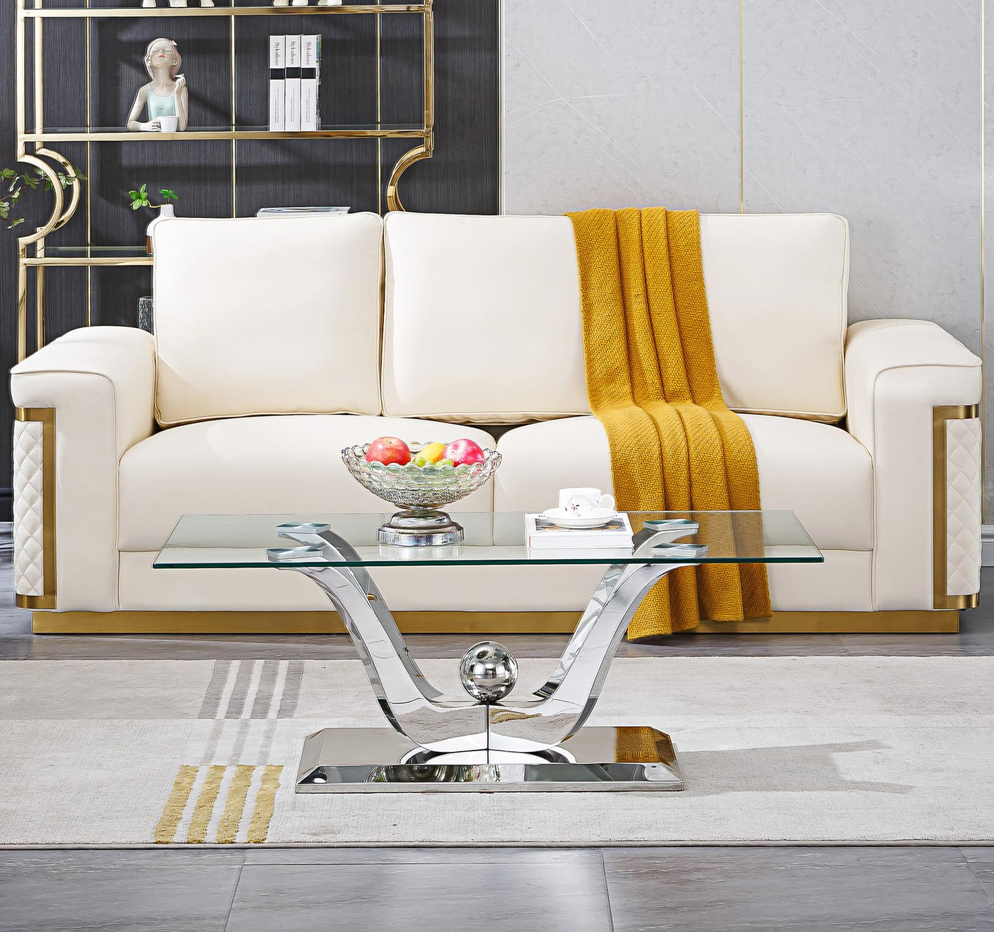 Luxury Silver Glass Coffee Table,47-inch Modern Coffee Table for Living Room,Rectangle Glass Center Table w/Stainless Steel Flower-Shape Base,Tempered Glass Accent Table for Bedroom Home Office
