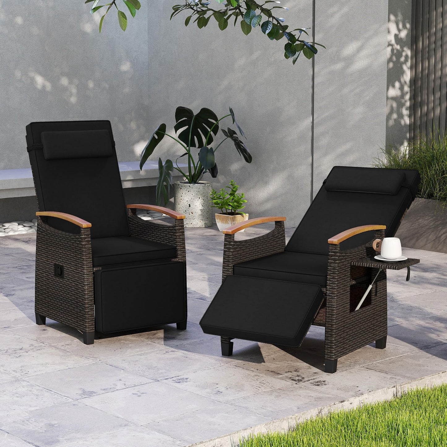 HAPPYGRILL Outdoor Rattan Wicker Chaise Lounge Recliner Chair with Adjustable Backrest & Footrest, Push Back Outside Seat w/Cushion & Flip Table for Backyard, Porch, Balcony (Black,1)