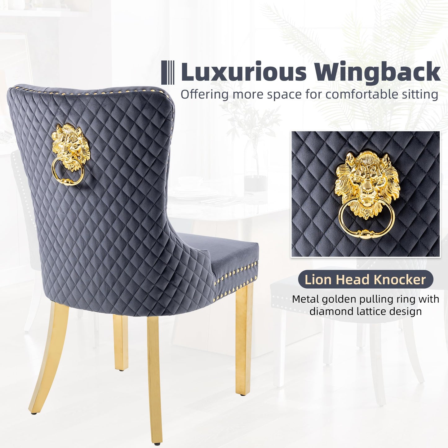 GOOLON Velvet Dining Chairs Set of 6, Upholstered Dining Room Chairs, Mid-Century Modern Chairs with Diamond Lattice Tufted Back, Lion Pull Ring Rivet Trim, Golden Metal Legs for Kitchen, Dark Grey