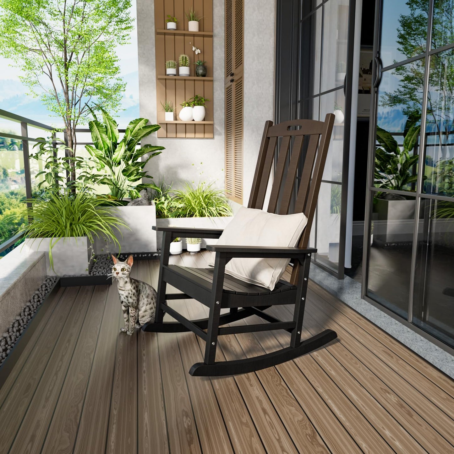 Outdoor Rocking Chair, All Weather Patio Rocking Chair, HDPE Poly Rocking Chair for Adults, Heavy Duty Front Porch Rocker, Brown