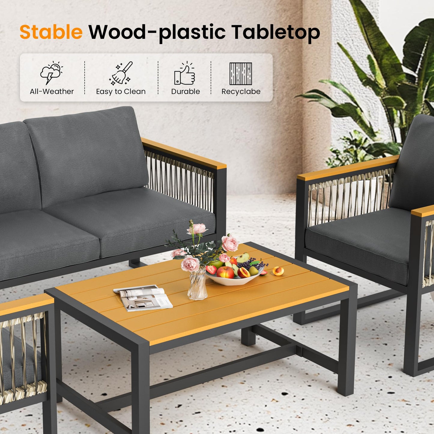Pamapic 4 Pieces Outdoor Patio Furniture Set with Wicker Handrails, Plastic-Wood Balcony Furniture with Wicker Arm Panel, All-Weather Metal Patio Conversation Sets with Cushion and Coffee Table