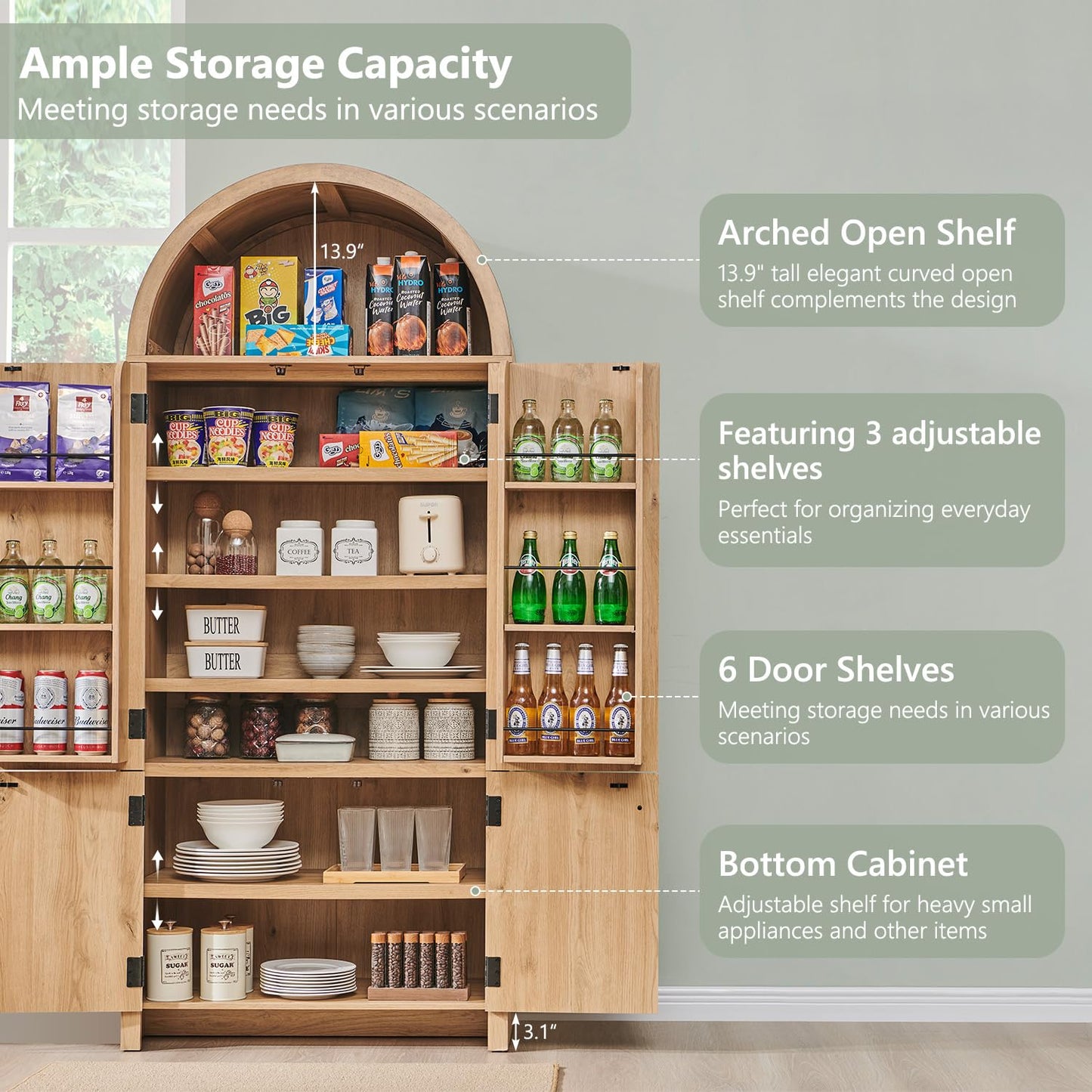 IFGET 71" Tall Arched Kitchen Pantry, Modern Fluted Wood Storage Cabinet with Doors, 3 Adjustable Shelves, 6 Door Shelves, Organizer, Versatile Cupboard for Kitchen, Bathroom, Natrual