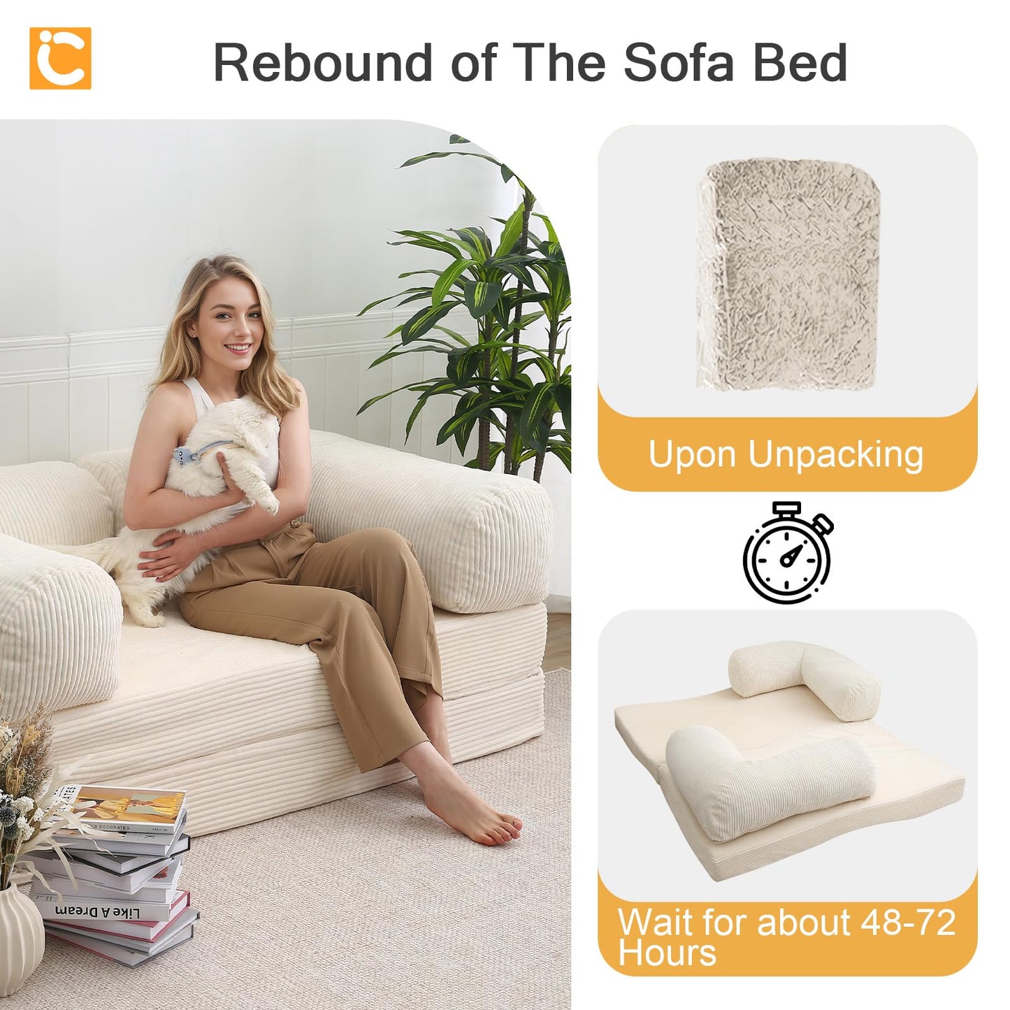 COMAX Folding Sofa Bed Queen, 4-in-1 Foldable Floor Couch Convertible Futon Sofa with Armrests Sleeper Mattress Chair Bed Comfy Portable Fold Out Lounge Guest for Living Room Bedroom, Beige