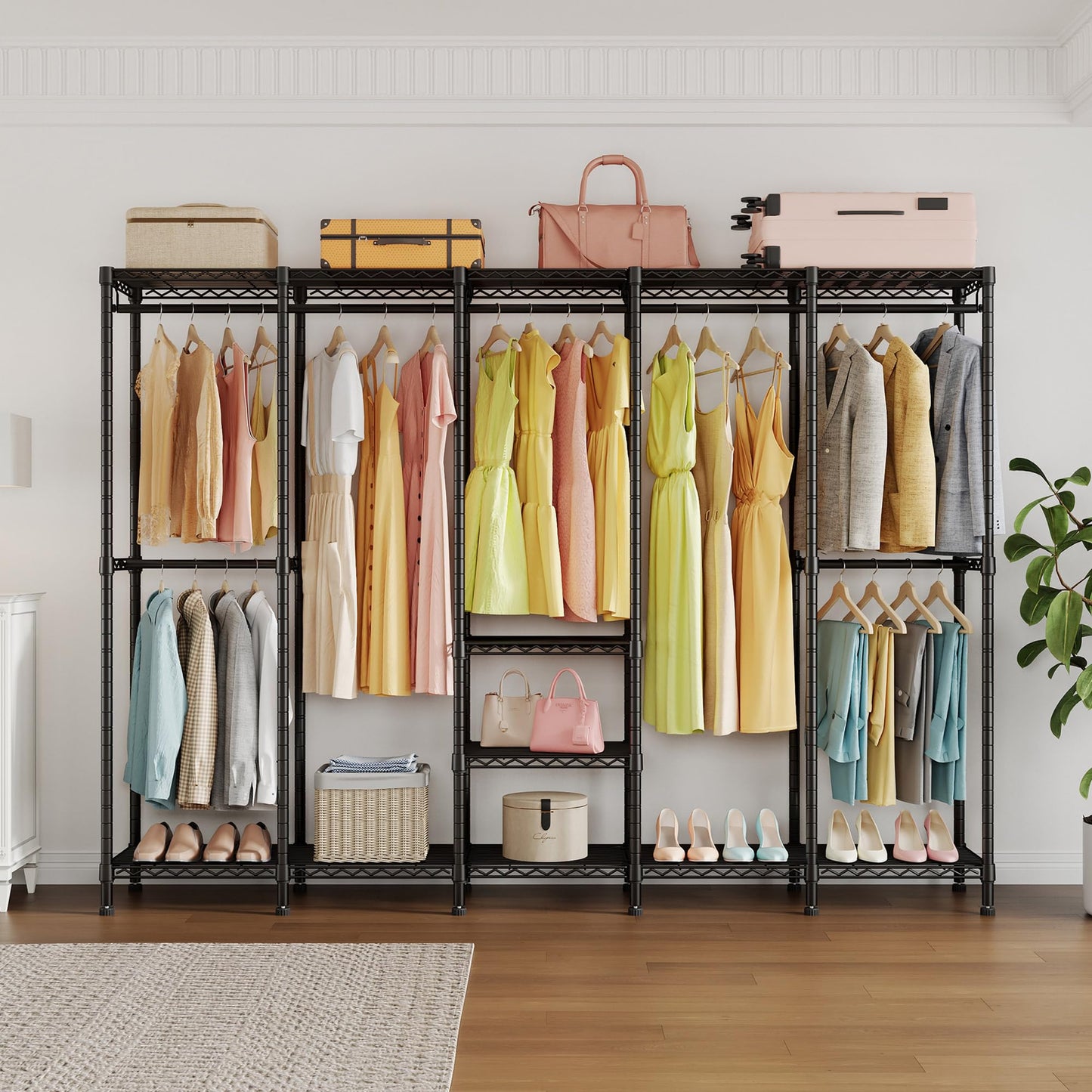 Higeego H5 Extra Large Wire Garment Rack, Heavy Duty Clothes Rack, Large Wardrobe Closet, Freestanding Closet Rack for Hanging Clothes, Clothing Racks with Adjustable Shelf, 93.3"Lx15.7"Wx75.4"H,Black