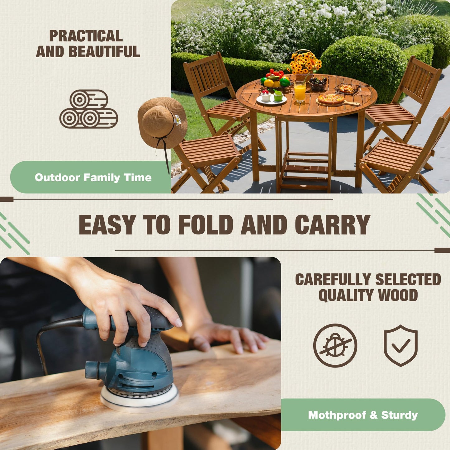 Devoko 5 PCS Patio Furniture, Patio Dining Set Acacia Wood Outdoor Table and Chairs, with 4 Folding Chairs and 37" Round Movable Table, Outdoor Dining Set for Lawn, Balcony, Garden (Light Brown)