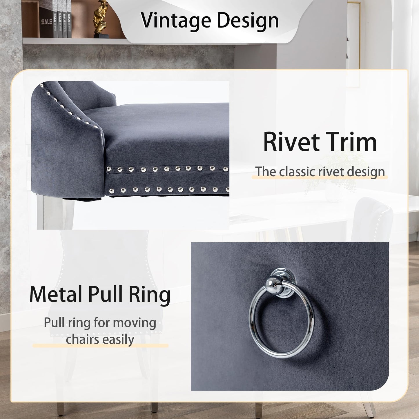 GOOLON Dining Room Chairs Set of 4, Tufted Velvet Chairs with Modern Stainless Steel Legs, Rivet Trim Metal Pull Ring Large Back for Kitchen Dining Room Restaurant, Dark Gray