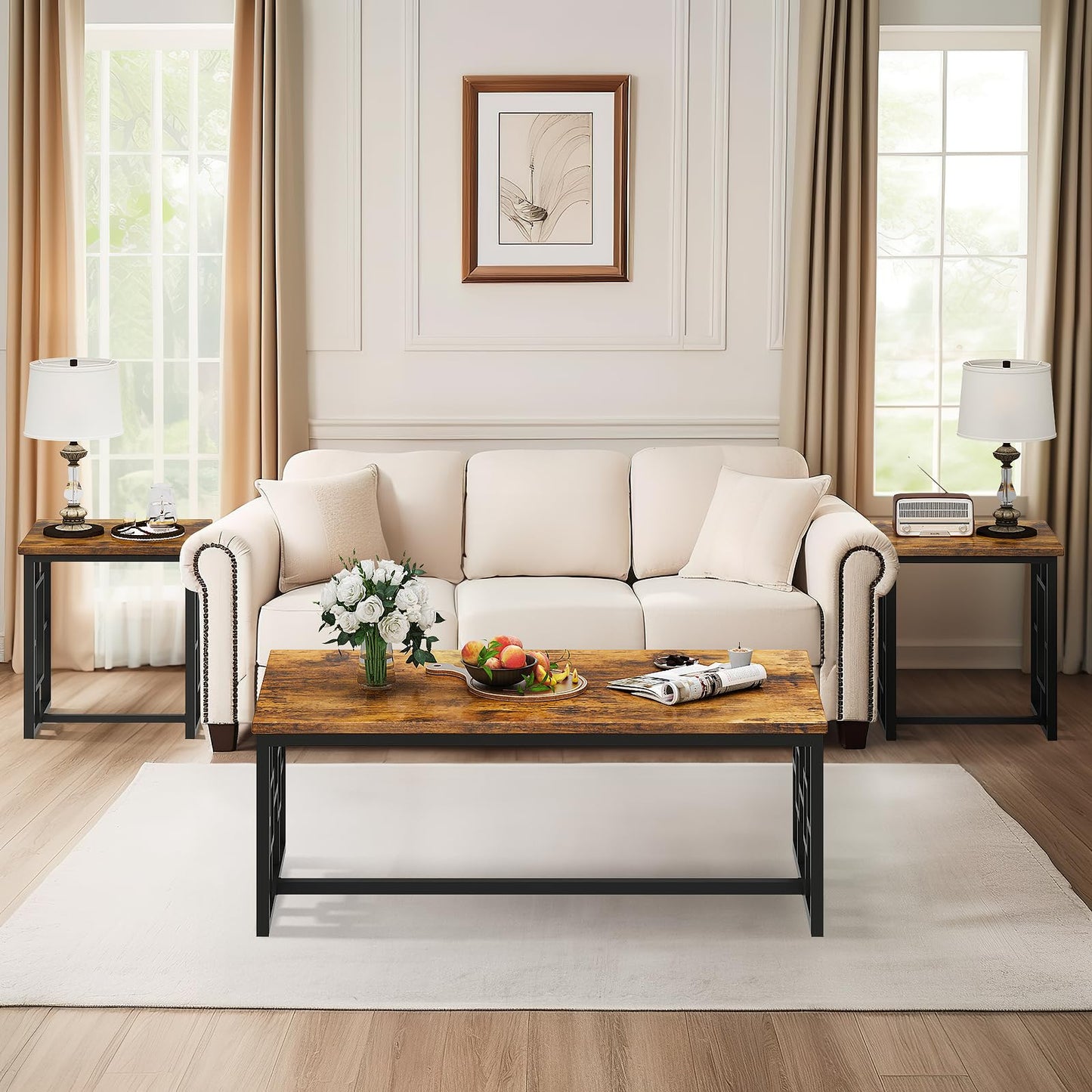 Recaceik Coffee Table Set, Coffee Table & Two End Side Table, Modern 3-Piece Living Room Table Set for Office, Living Room, Apartment, Small Space, Easy Assembly Furniture, Rustic Brown