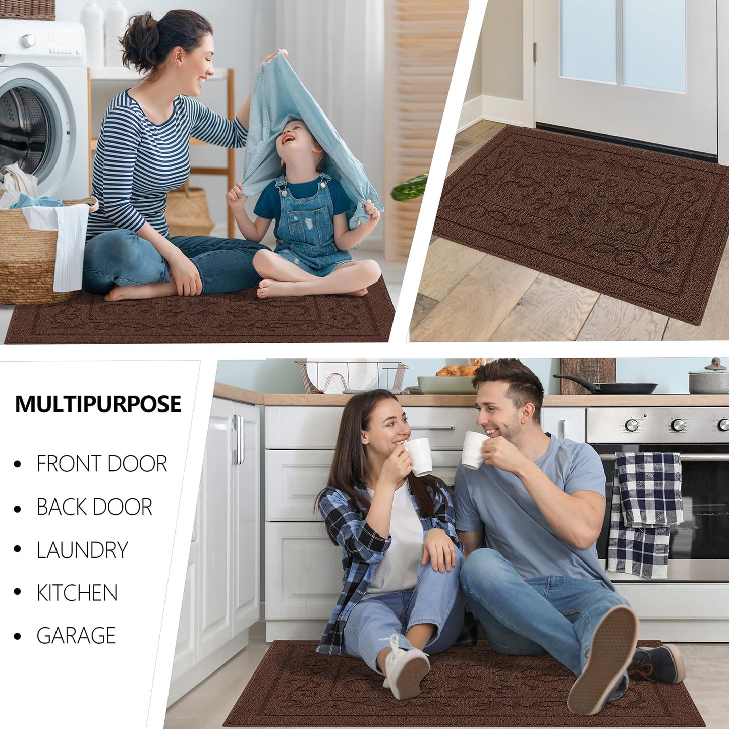 FONEYI Indoor Doormat, Front Back Door Mat 24"x36" Washable, Rubber Backing Non Slip Door Mats, Low-Profile Absorbent Entrance Doormat Inside Floor Mats for Entryway, Resist Dirt Entry Rugs, Coffee