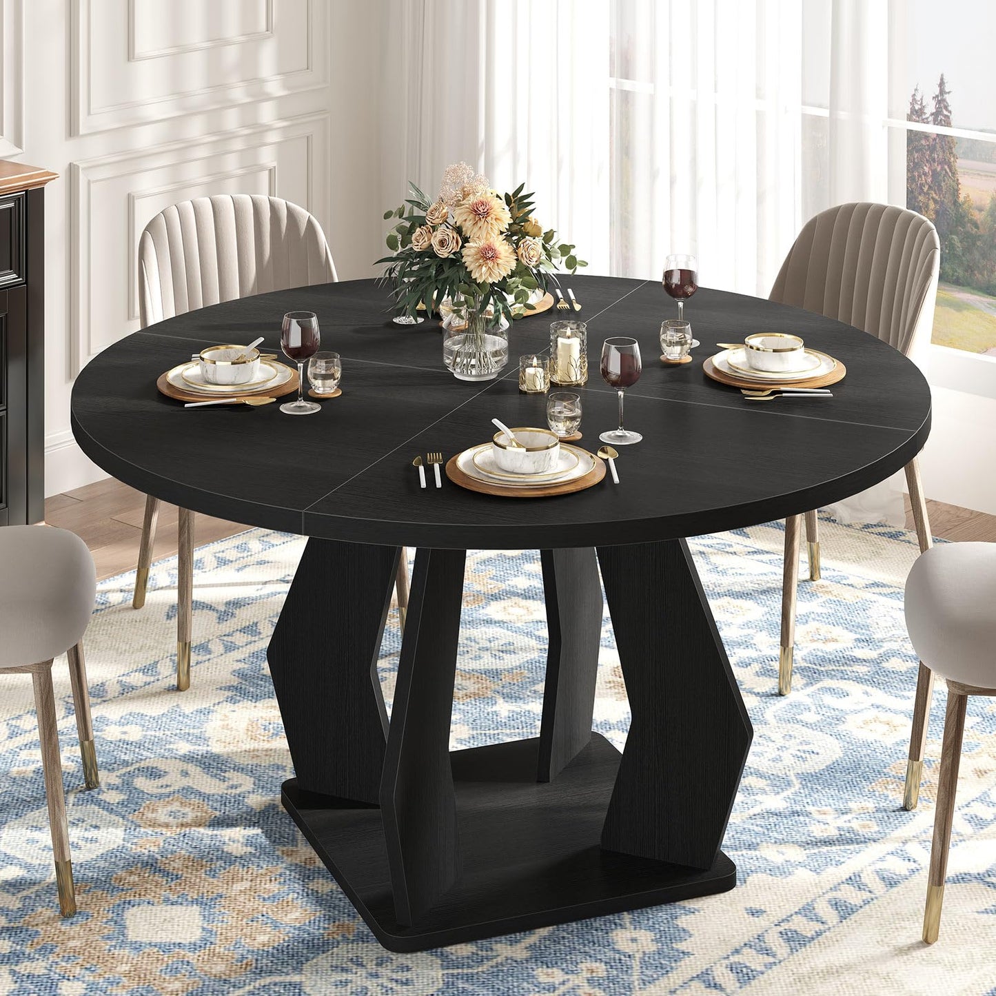 IBF Round Dining Table for 4 to 6, 47 Inches Kitchen Table with Spacious Tabletop Modern Circle Dining Table, Wood Dinner Table with Sturdy Pedestal Base for Dining Room Kitchen Living Room, Black Oak