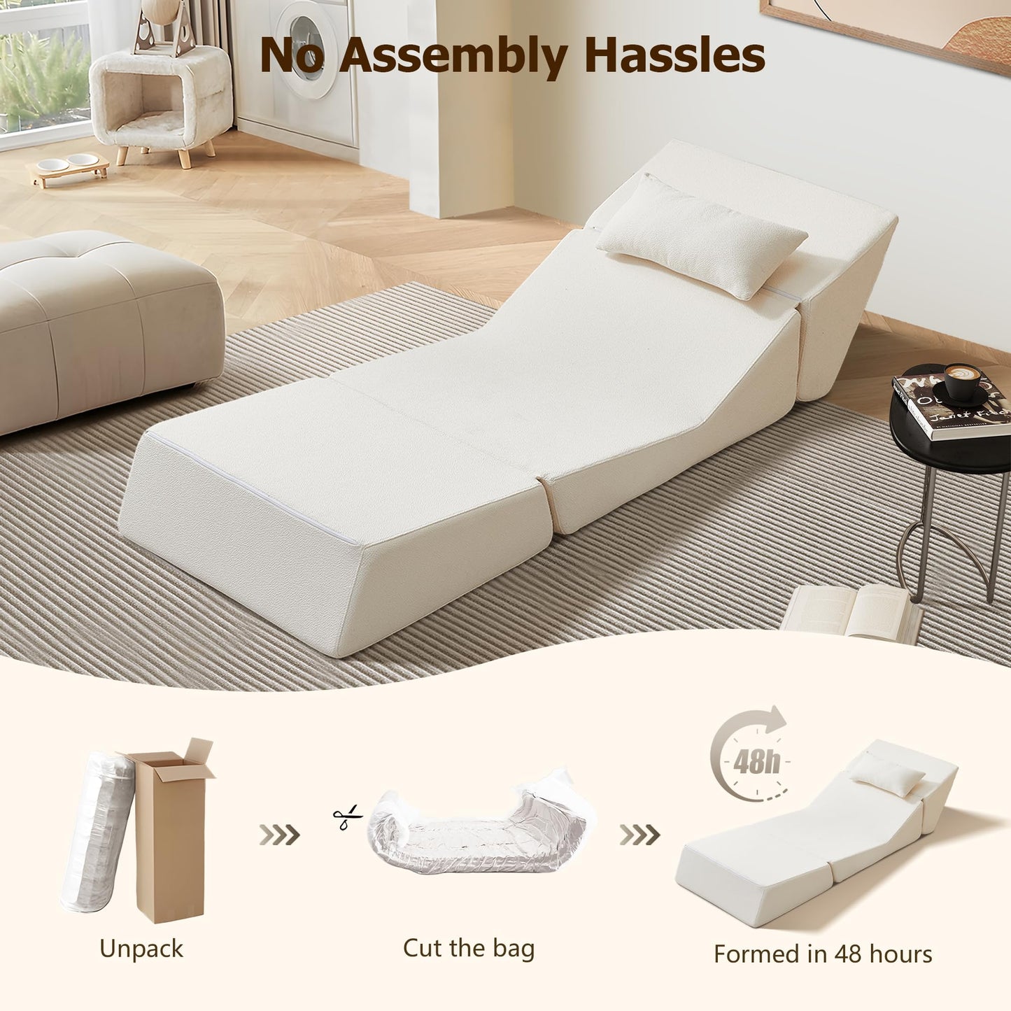 BAMOOLI Sleeper Sofa Bed, Convertible Fold Out Couch, Comfy Alpaca Wool Fabric Portable Foldable Floor Mattress Sleeper Chair with Pillow, Foldable Floor Sofa Lounge for Living Room, Bedroom, Beige