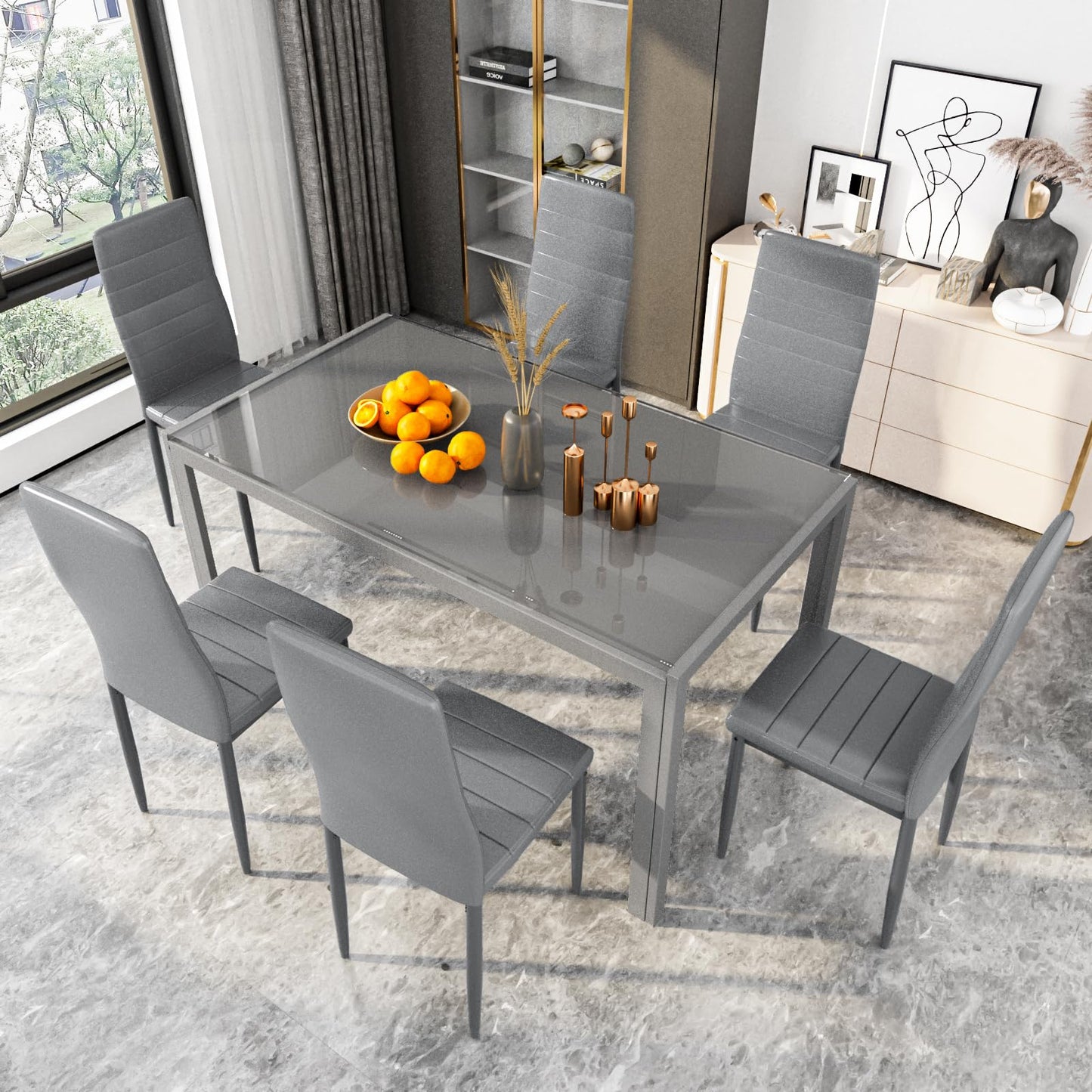 Hooseng Dining Table Set for 6, Tempered Glass Kitchen Table with 6 PU Leather Chairs, 7-Piece Dining Room Sets for Small Space, Dinette, Apartment