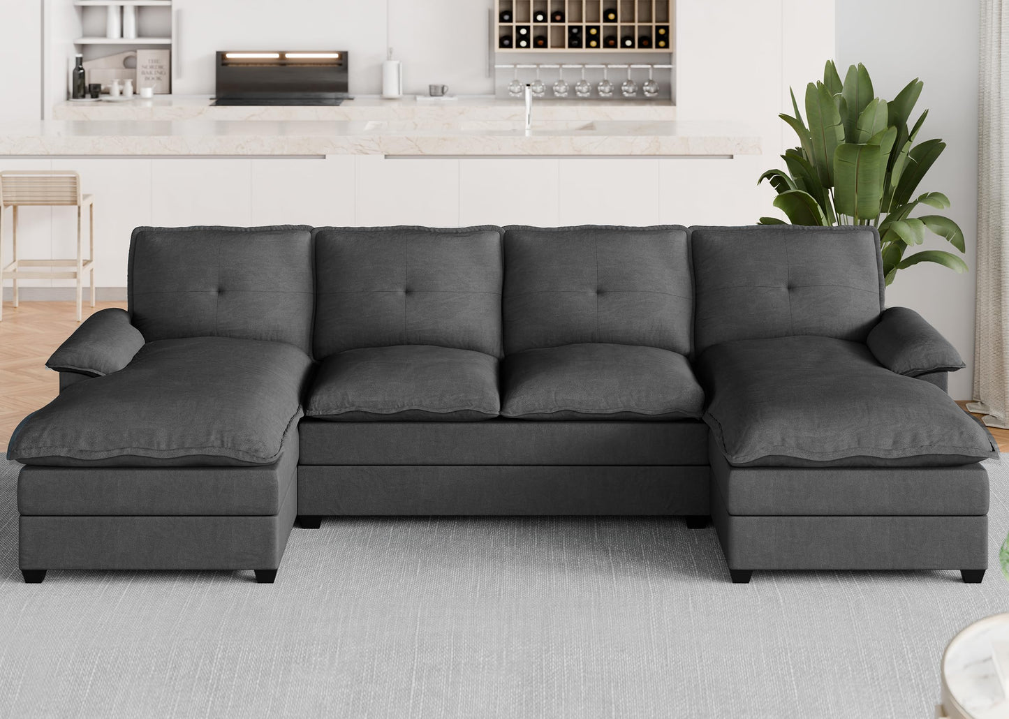Meilocar 110“ Sectional Couches for Living Room, U-Shaped Sofa Couch with Double Chaise, Cloud Couch Sectional Sofas 4 Seat Sofa Set for Living Room, Black