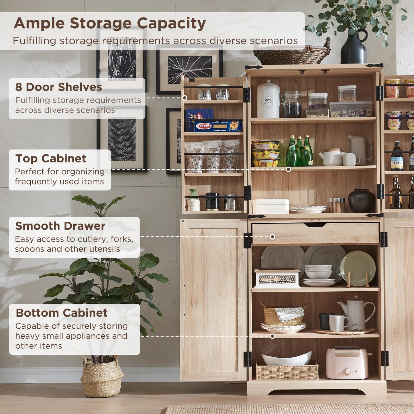 ACCOHOHO 72" Tall Kitchen Pantry with Natural Rattan Doors, Storage Cabinet with Organizer, Drawer and Adjustable Shelves, Wicker Cupboard for Kitchen, Dining Room, and Hallway, Natural Oak