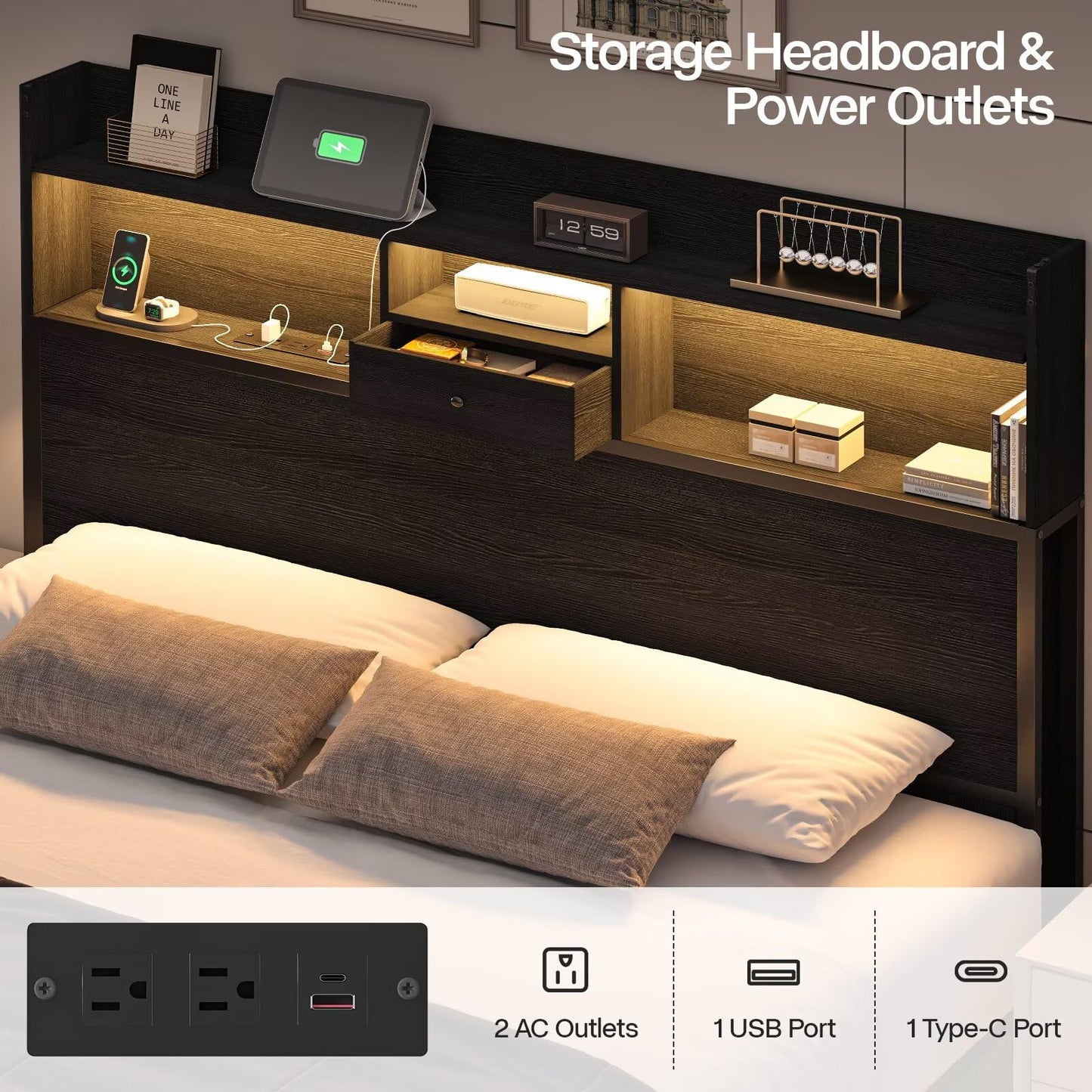 Siihnon Queen Bed Frame with Tall Headboard and LED Lights, 51.2" Bookcase Black Bed Frame Queen Size with Storage Drawers and Charging Station, Platform Metal Bed Frames, No Box Spring Needed, Black