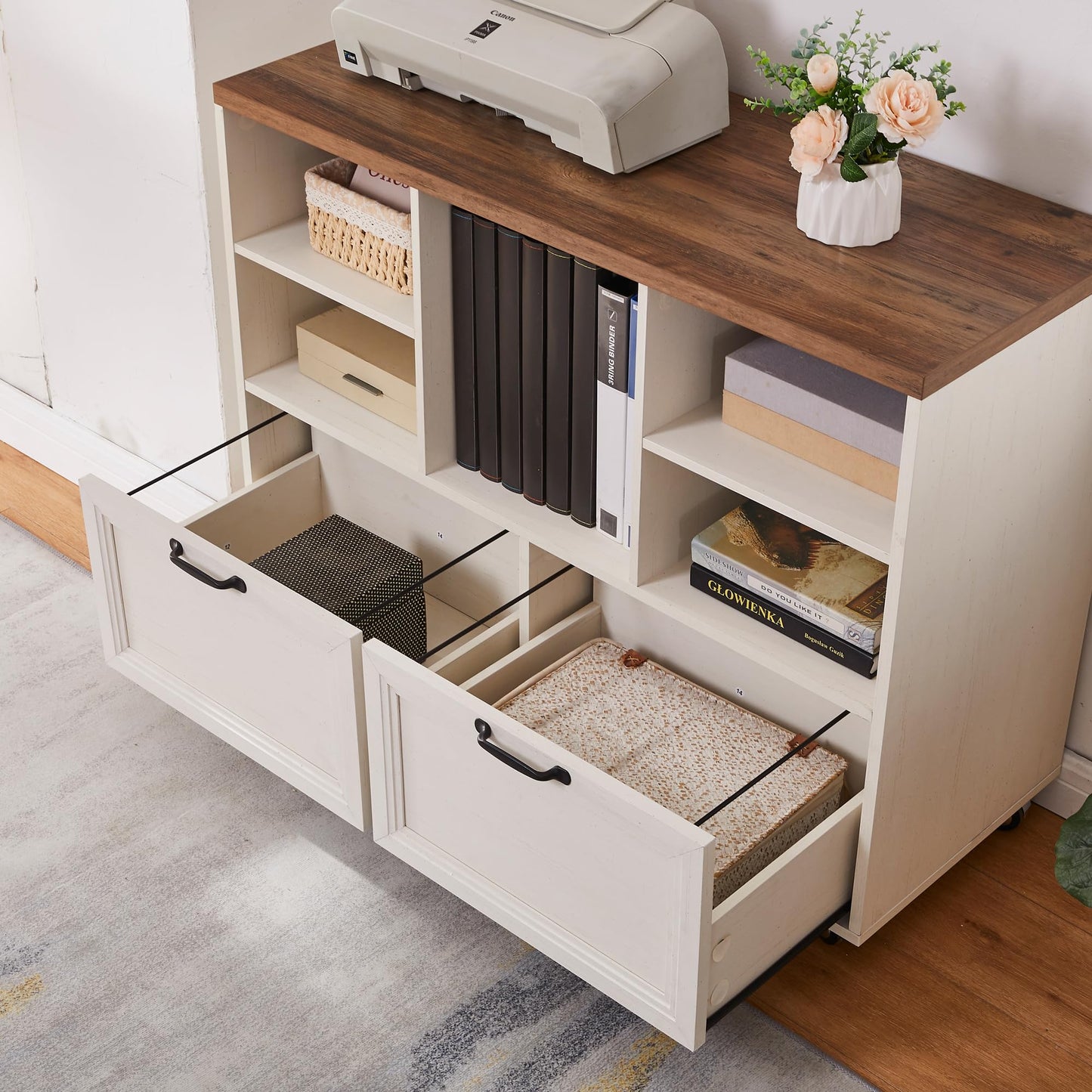 boknight 40" Lateral File Cabinet,Farmhouse Wood Small Home Office Storage with Wheels,Filing Cabinet with 2 Drawers for Legal/Letter/ A4 Size