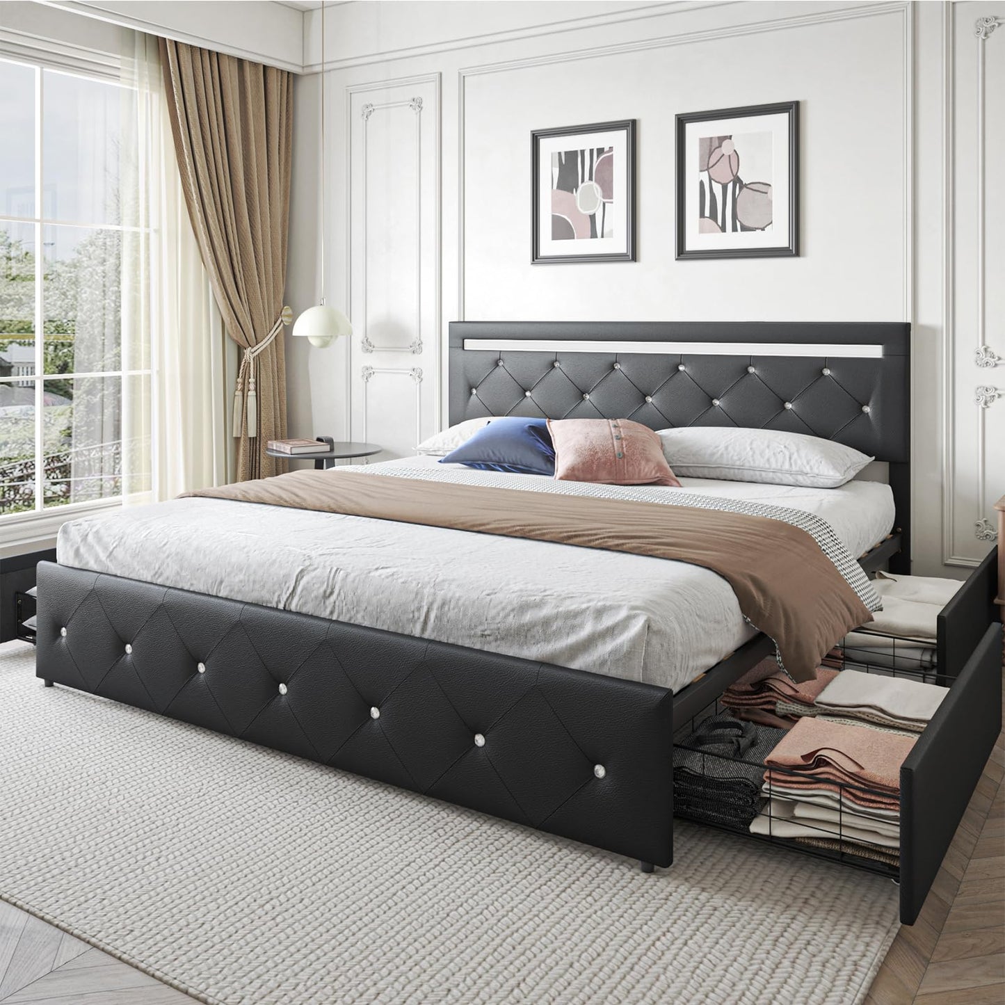 Forrise Bed Frame Full Size with Storage Drawers and LED Light, 2 Sockets and 2 USB Ports, Adjustable Headboard with PU Leather Upholstered, No Box Spring Needed, Wooden Slats Support, Black.