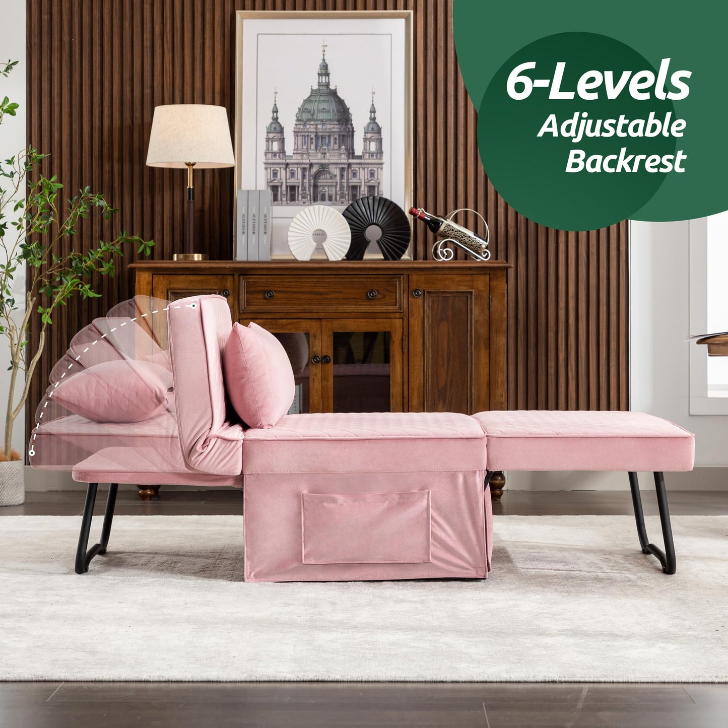 BIGSYY Sofa Bed, 4 in 1 Multi-Function Folding Ottoman Breathable Velvet Couch Bed with Adjustable Backrest Modern Convertible Chair for Living Room Apartment Office,Squared-Pink