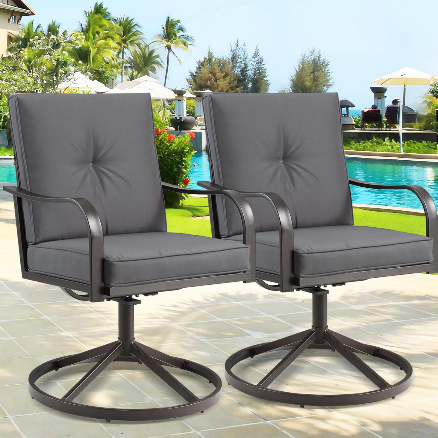 GOOGIC Patio Swivel Chair Set of 2,Heavy Duty Outdoor Dining Chairs with Thickened Cushions,Metal Patio Chairs Gentle Rocker for Outside,Garden Lawn & Porch Backyard, Grey