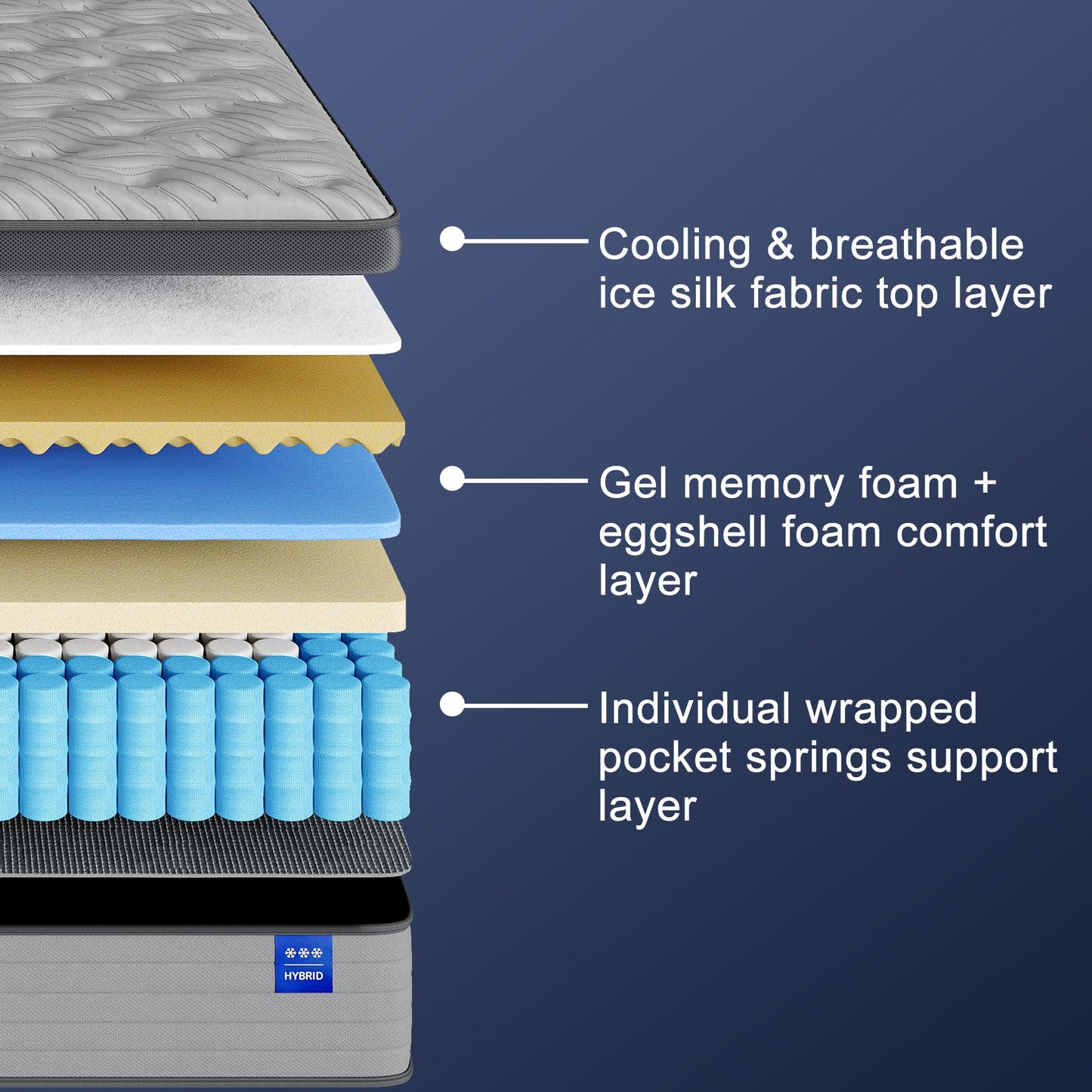 JUSTROOMY King Mattress 14 Inch Hybrid Mattress with Gel Memory Foam, Cooling Ice Silk Top, Firm Mattress in a Box, Back Pain Relief, Individual Pocket Spring-Extra Edge Support, 76*80", US Assembly