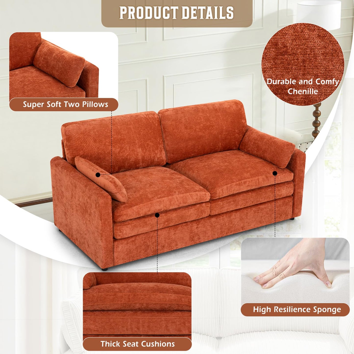 Lesofair 69" Chenille Modern Couch with Cozy & Soft Backrests, 2 Seats Sofa with 2 Extra Pillows, Comfy Upholstered Sofa with Thicker Cushions for Living Room, Office, Orange