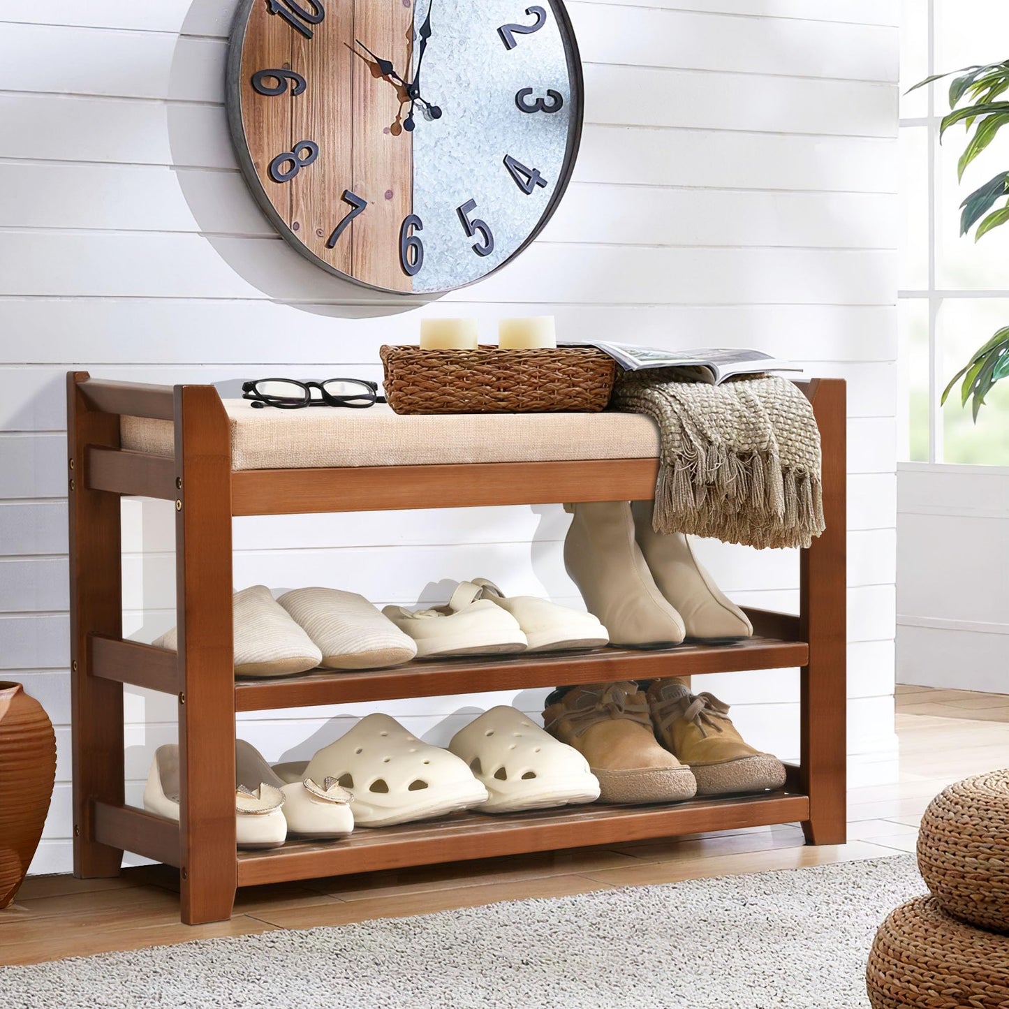 PETKABOO Shoe Rack Bench with Storage 27.6 in, Entryway Bench Shoe Storage with Cushion for Hallway, Bedroom, Living Room