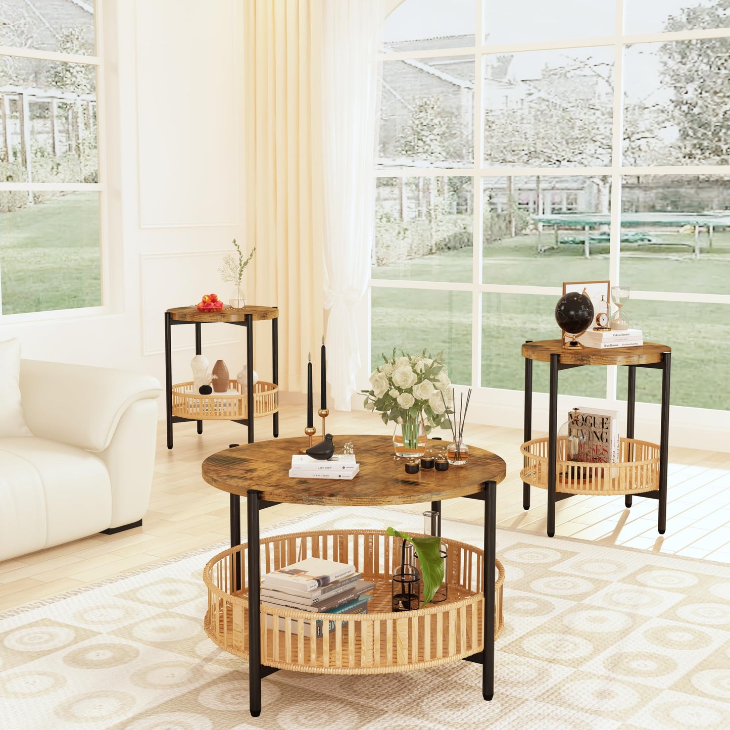 Lamerge 3 Pieces Coffee Table Set for Living Room, Boho Living Room Table Set with Rattan Storage Shelf and Metal Frame, Round Coffee Table & 2 End Side Tables for Apartment Home Office