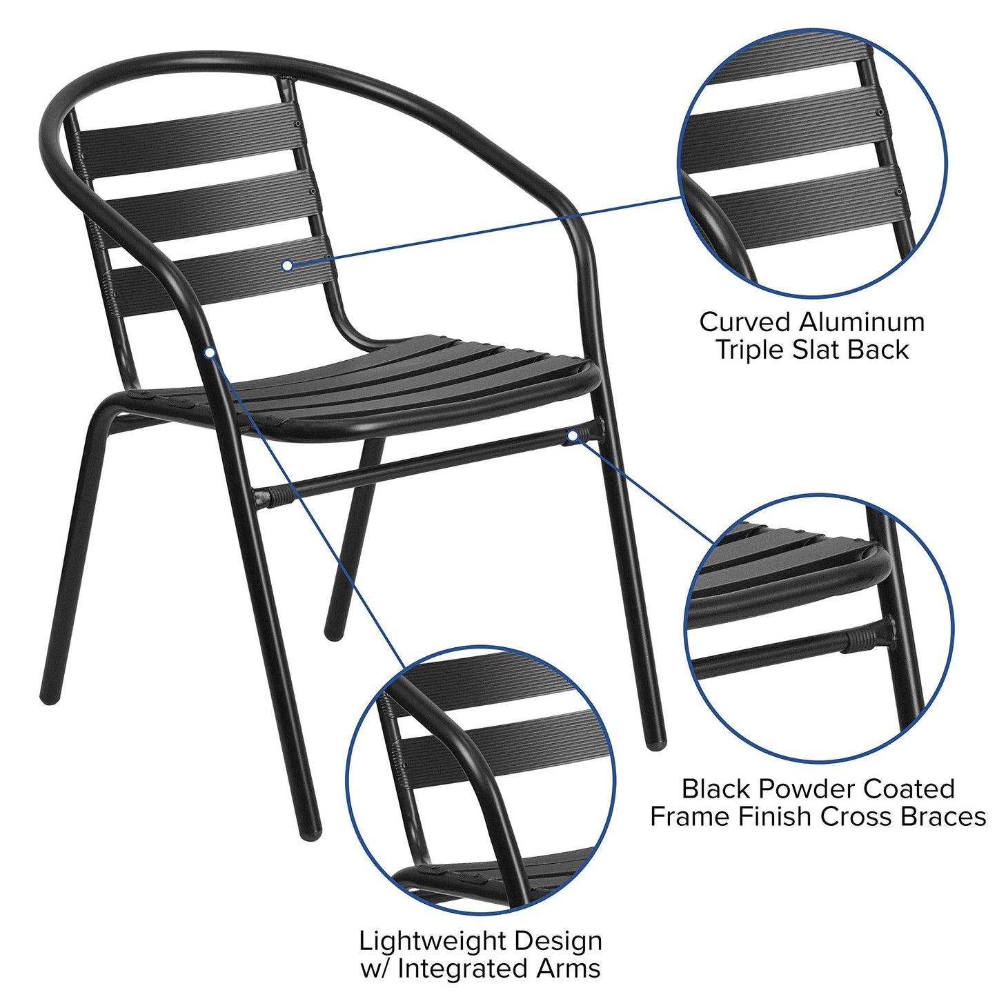EMMA + OLIVER Patio Table & Chairs Set - Rectangular Metal Table with Tempered Glass Top - 6 Black Aluminum Stacking Chairs - All Weather for Indoor/Outdoor Use