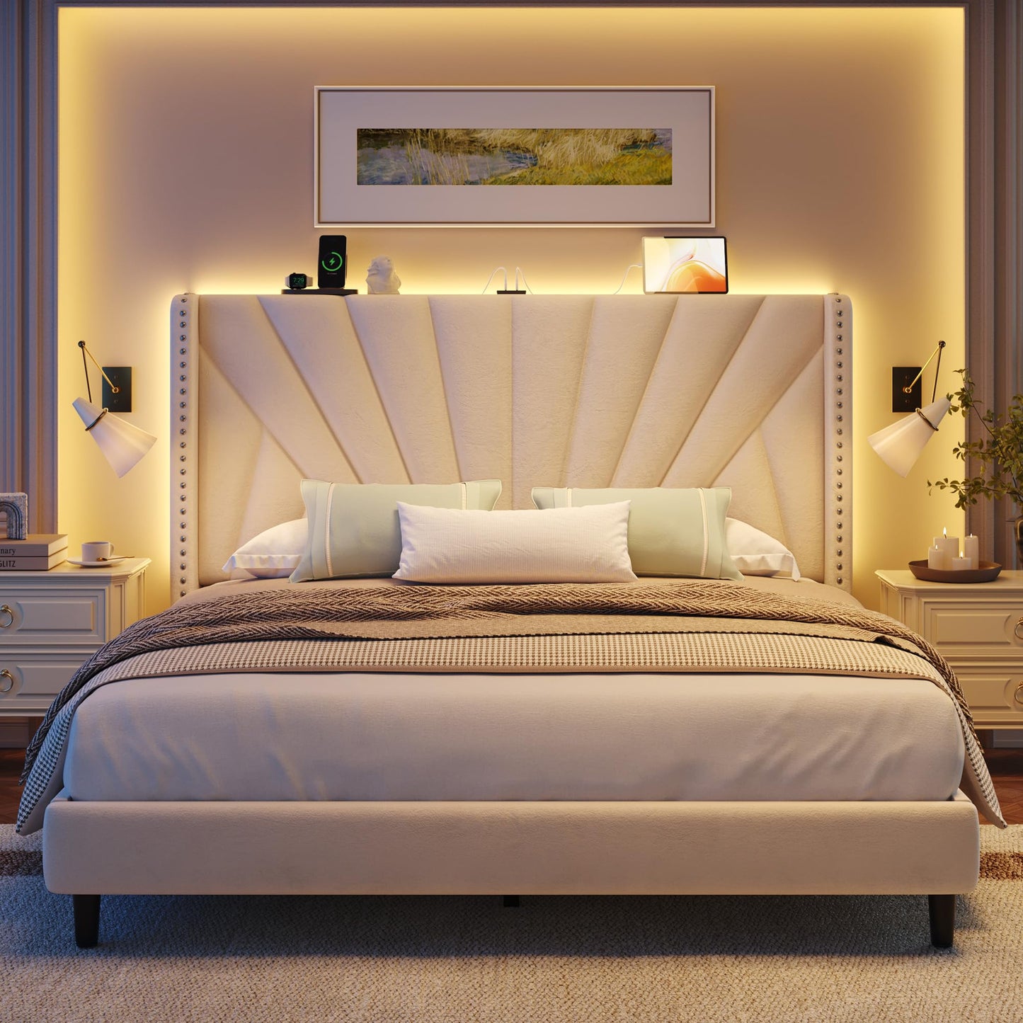 EnHomee Queen Bed Frame with 51" Velvet Upholstered Headboard, Platform Bed with Charging Station and LED Lights, Wingback Headboard, No Box Spring Needed, Noise-Free, Beige