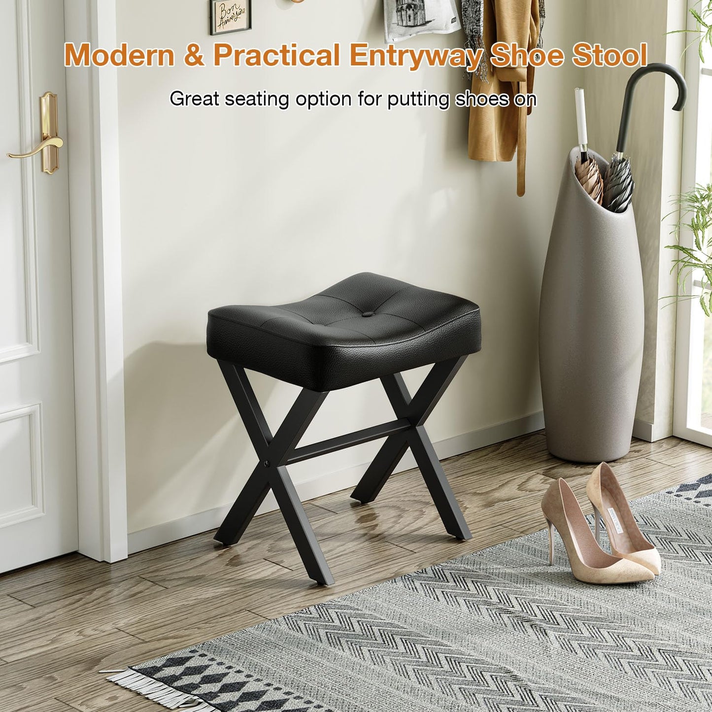 Memobarco 18-Inch Leather Vanity Stool Chair, Vanity Bench with Metal X-Leg, Ottoman Foot Stool with Thick Padded Saddle Seat, Black