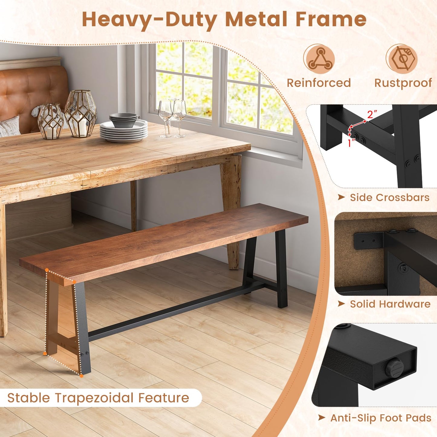 Giantex 60” Rectangular Wood Dining Bench, 3 Person Entryway Shoe Bench with Metal Frame, Farmhouse Indoor Benchs for End of Bed, Hallway, Living Room & Dining Room (60”L)