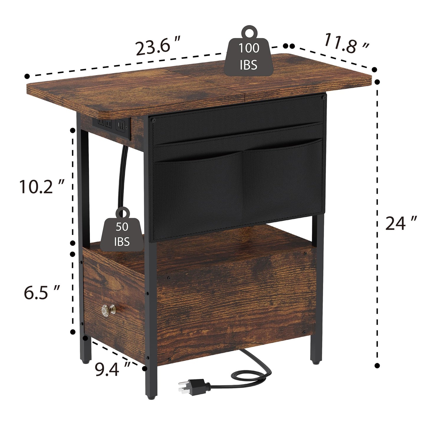 Yenlure Small Side Table with Charging Station, Narrow Nightstand Bedside Tables with Storage Pocket for Living Room Bedroom, Sofa End Table with USB Ports and Power Outlets for Small Spaces
