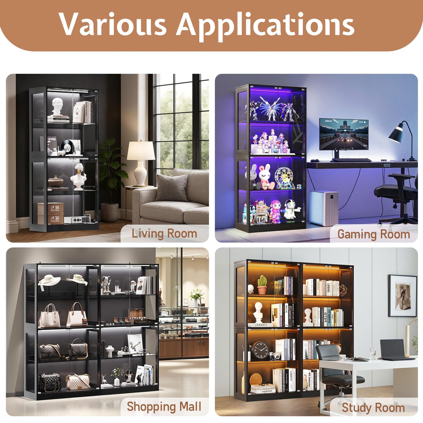 Jocisland 18x14 Inch Display Cabinet with RGB Lights, 4-Tier Storage Display Case for Collectibles, Adjustable Shelves, MDF and Tempered Glass, Black