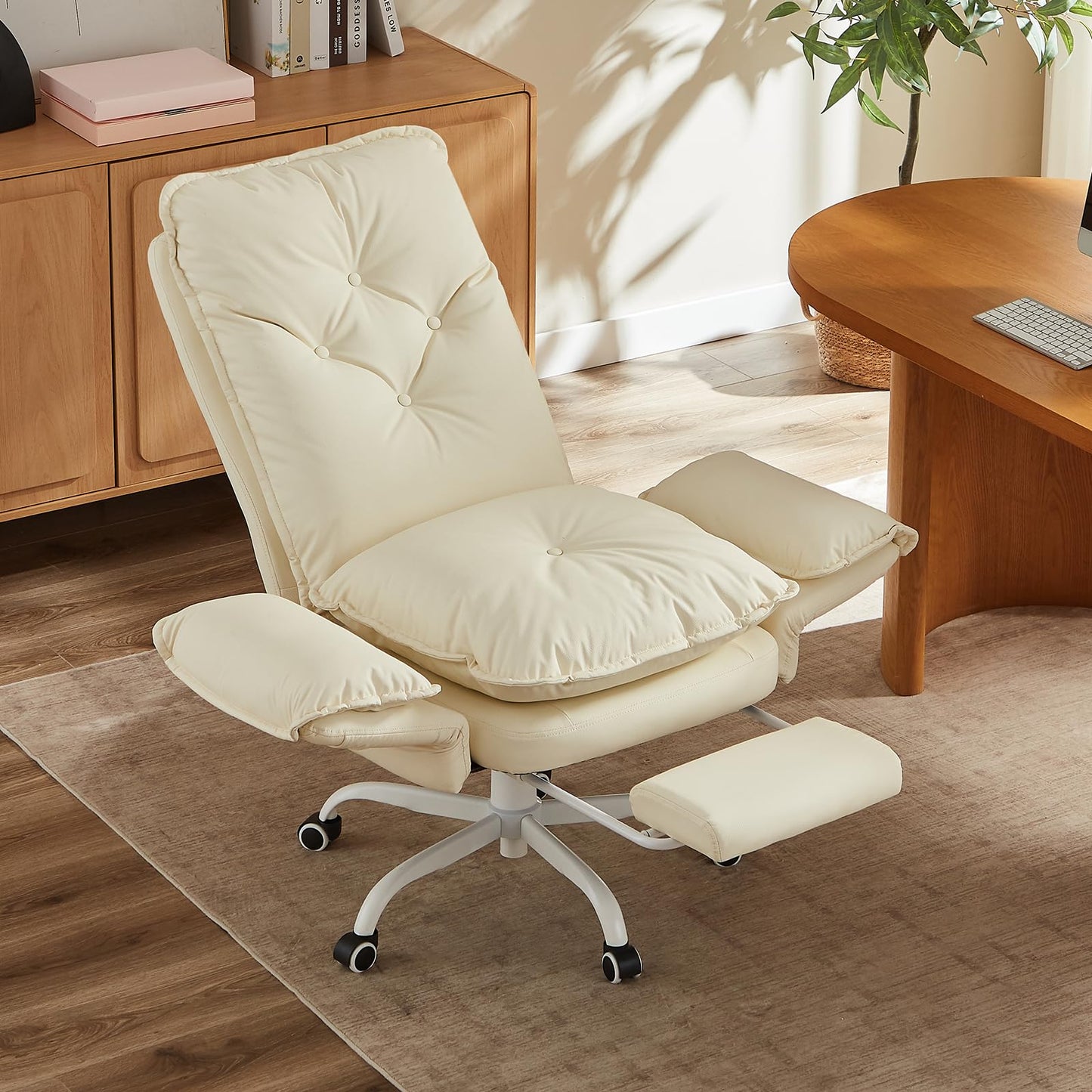 Bestier Criss Cross Chair with Footrest, High Back Cross Legged Office Chair with Flip-up Arms & Wide Seat, 135° Reclining Executive Ergonomic Computer for Working Gaming(Beige, PU Leather)