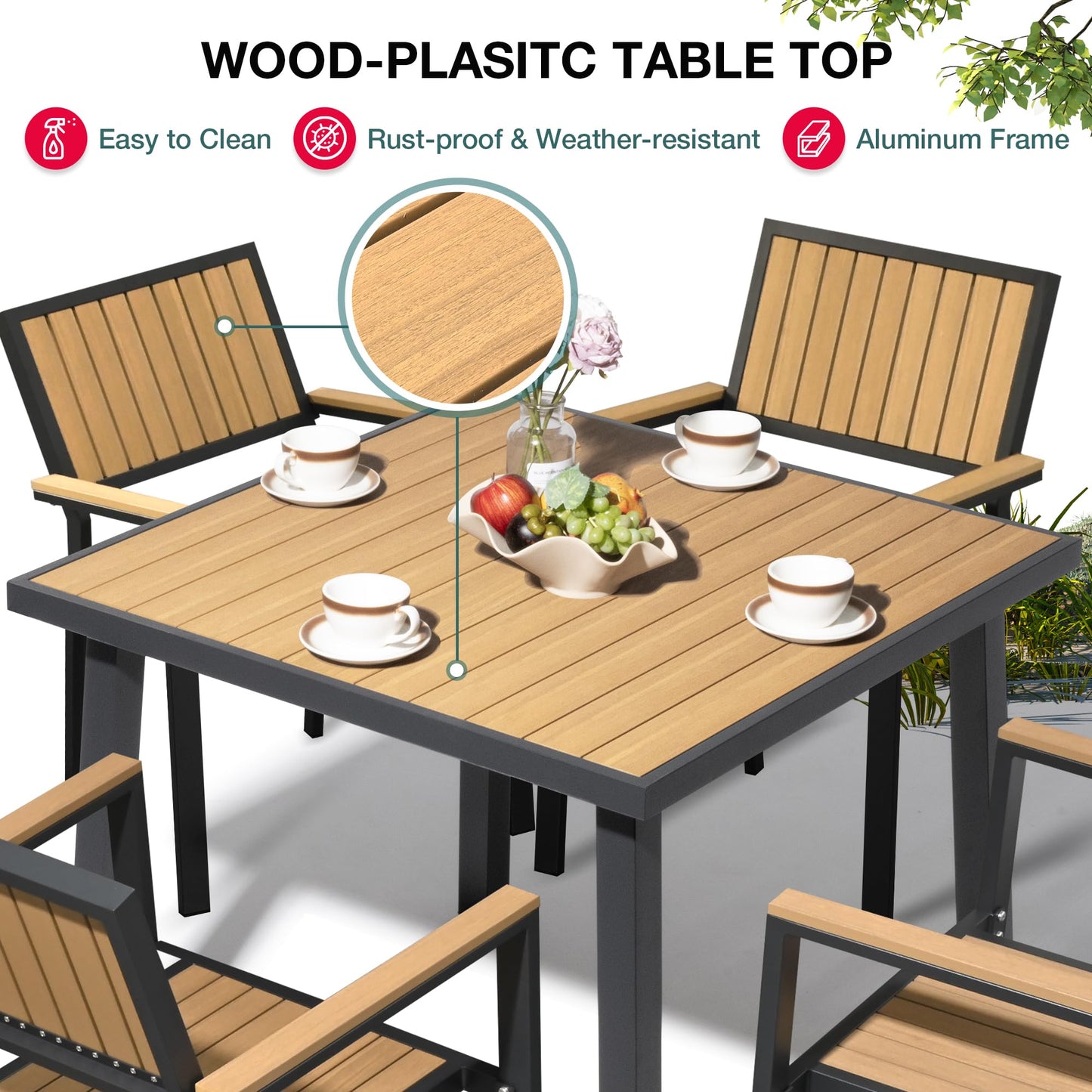 Pamapic 6-Piece Patio Dining Set，Outdoor Aluminum Furniture Set with Plastic-Wood Table Top,Outdoor Furniture Set with 4 Outdoor Stackable Chairs for Patio Garden Poolside (Teak)