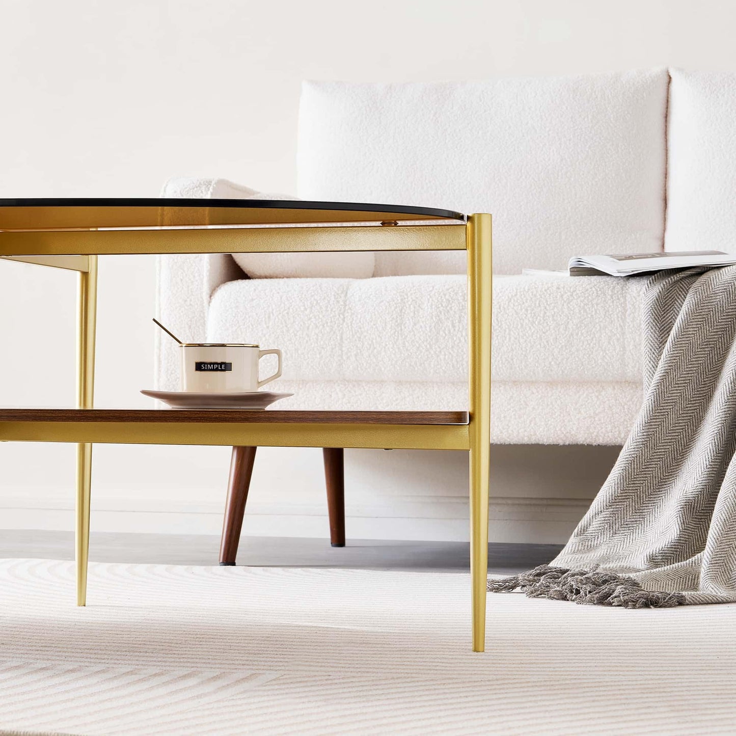 LumFurn Oval Glass Coffee Table, Mid-Century Modern Design, L43 x W22 x H17 inch, 2-Tier Structure, Olive Shaped Amber Glass Top and Walnut Finish Wood Shelf, Tapered Legs with Gold Finish Frame