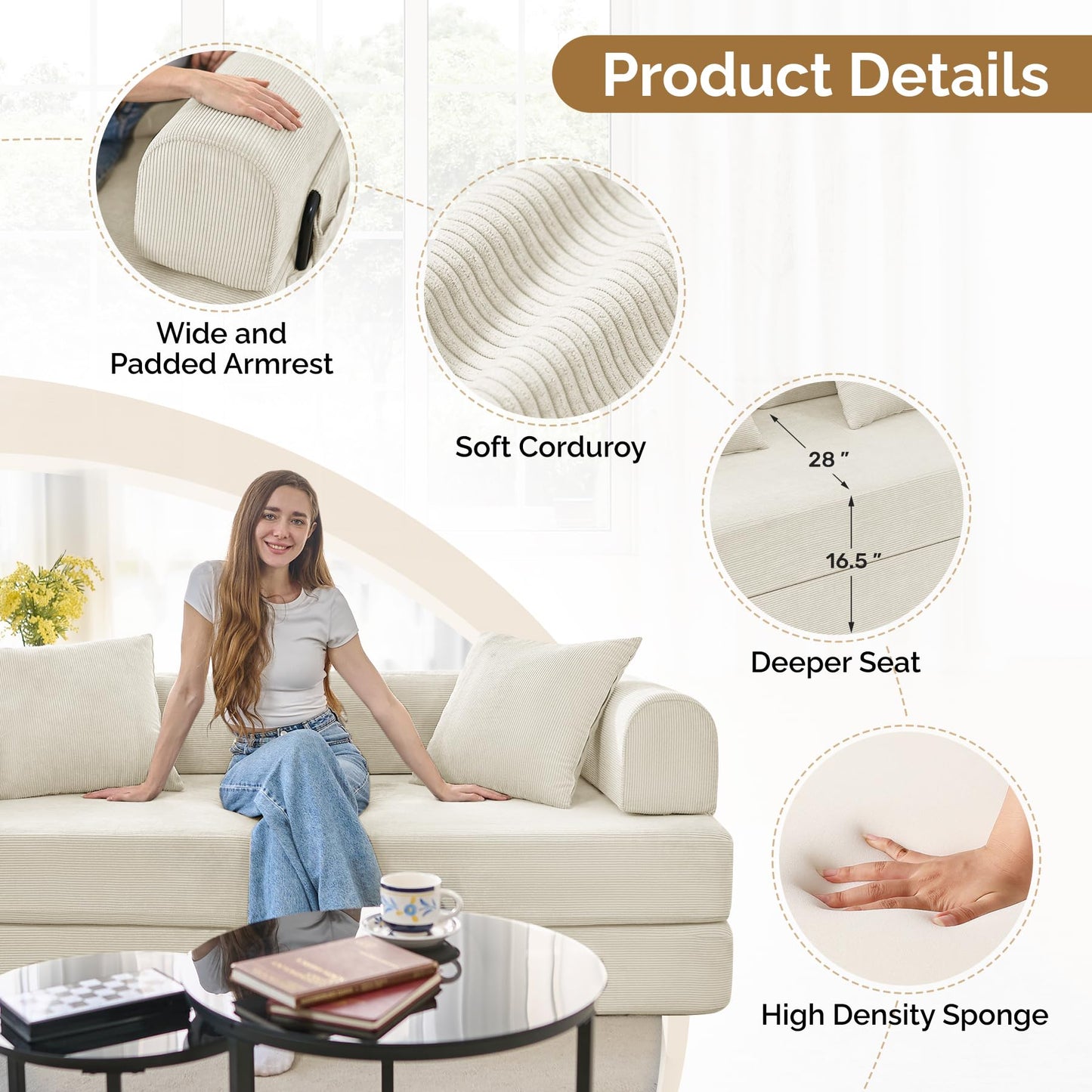Convertible Corduroy Sleeper Sofa Bed with Cylindrical Pillows,Convertible Mattress Sofa with Fixed Shape Frame, Living Room Bedroom Lounge Studio Use Floor Sofa Lounge,Beige
