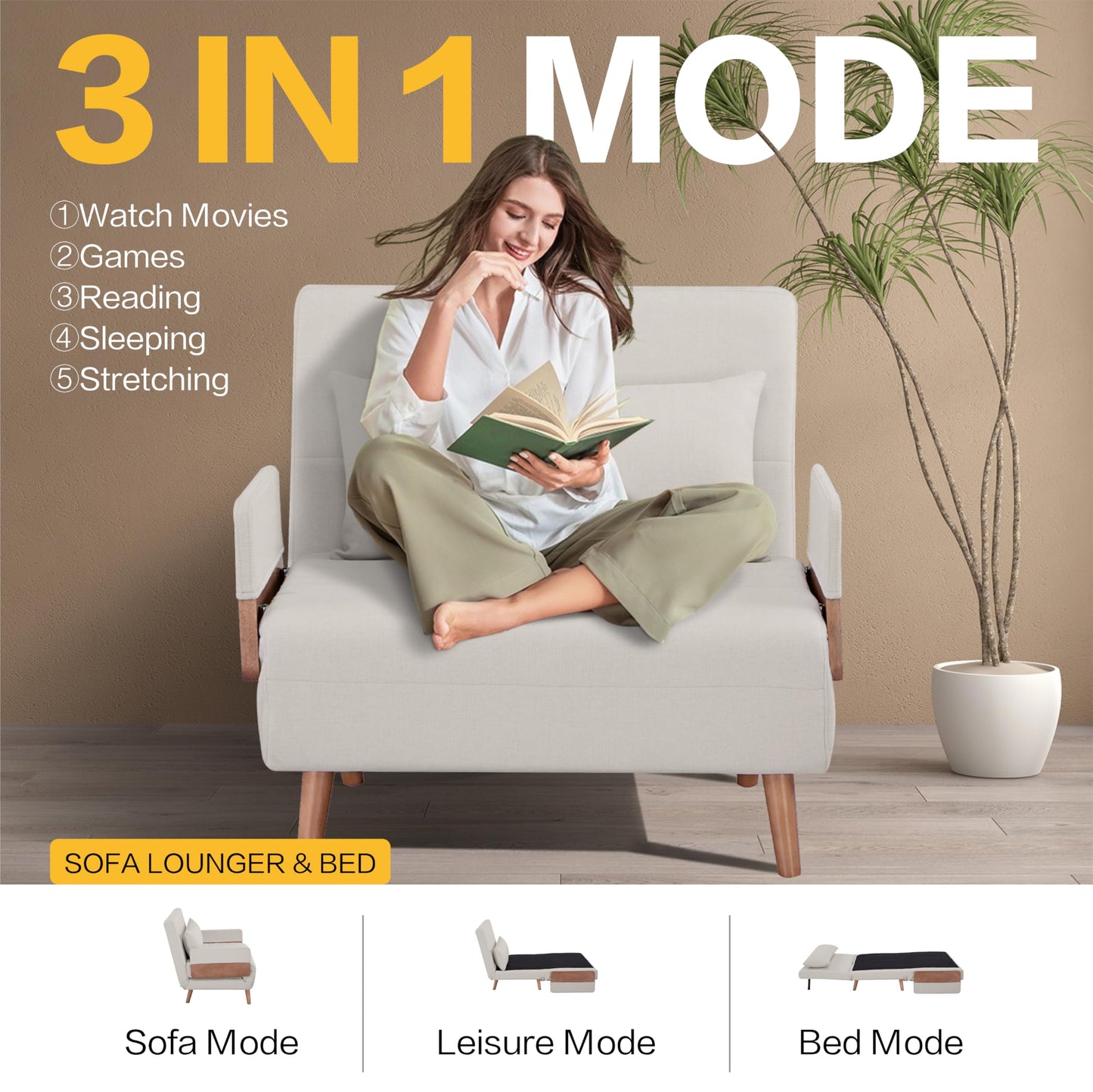 CITTANEO Convertible Sleeper Chair, 3-in-1 Chair Bed Sleeper for Adults with 3-Position Adjustable Backrest, Pillow and Wooden Arms, Folding Sofa Bed for Apartment, Dorm, Office, Beige
