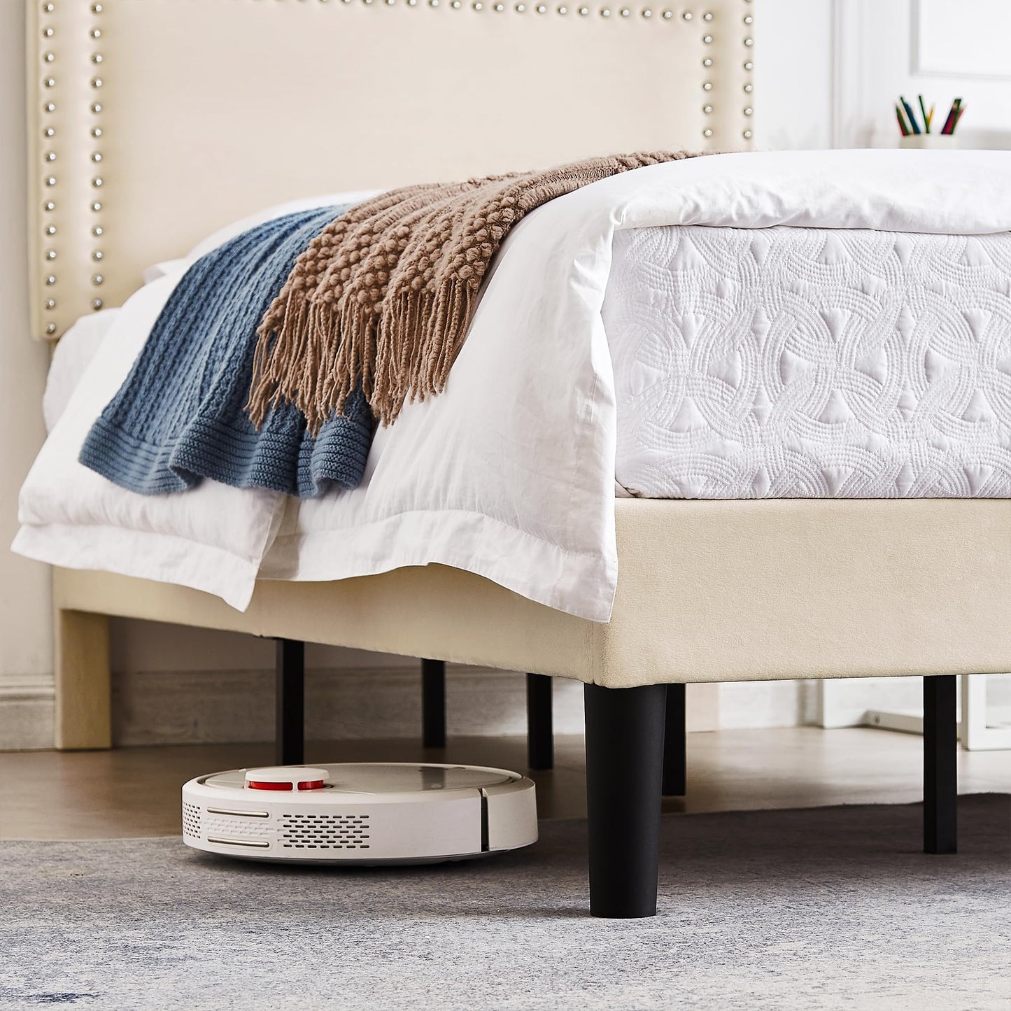 VECELO Twin Size Platform Bed Frame with Adjustable Upholstered Headboard, Nailhead Decor, Strong Wood Slat Support, No Box Spring Needed, Easy Assembly