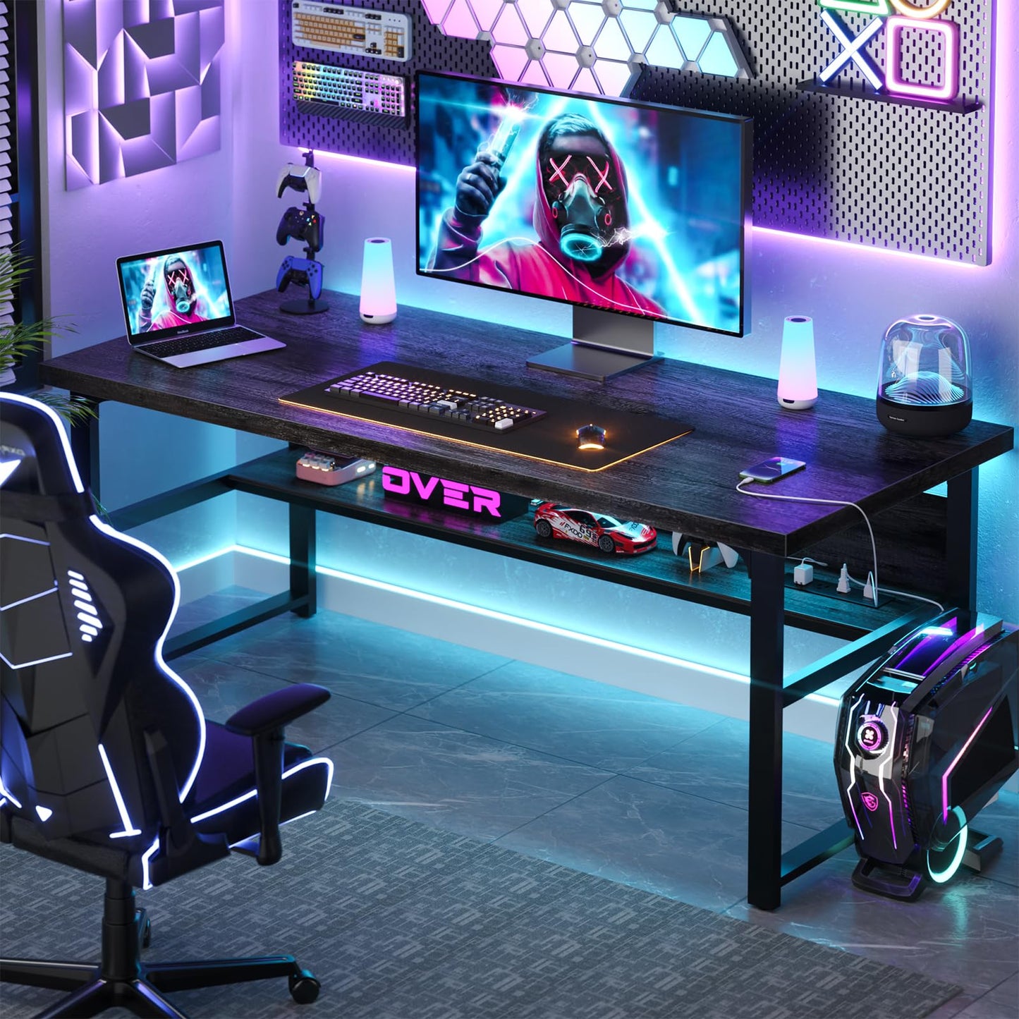 Unikito 53 Inch Desk with Power Outlets and USB Ports, Computer Desk with 1.4 Inch Thicker Desktop, Heavy Duty Study Writing Table with Shelf, Work Gaming Desk for Home Office, Metal Frame, Black Oak