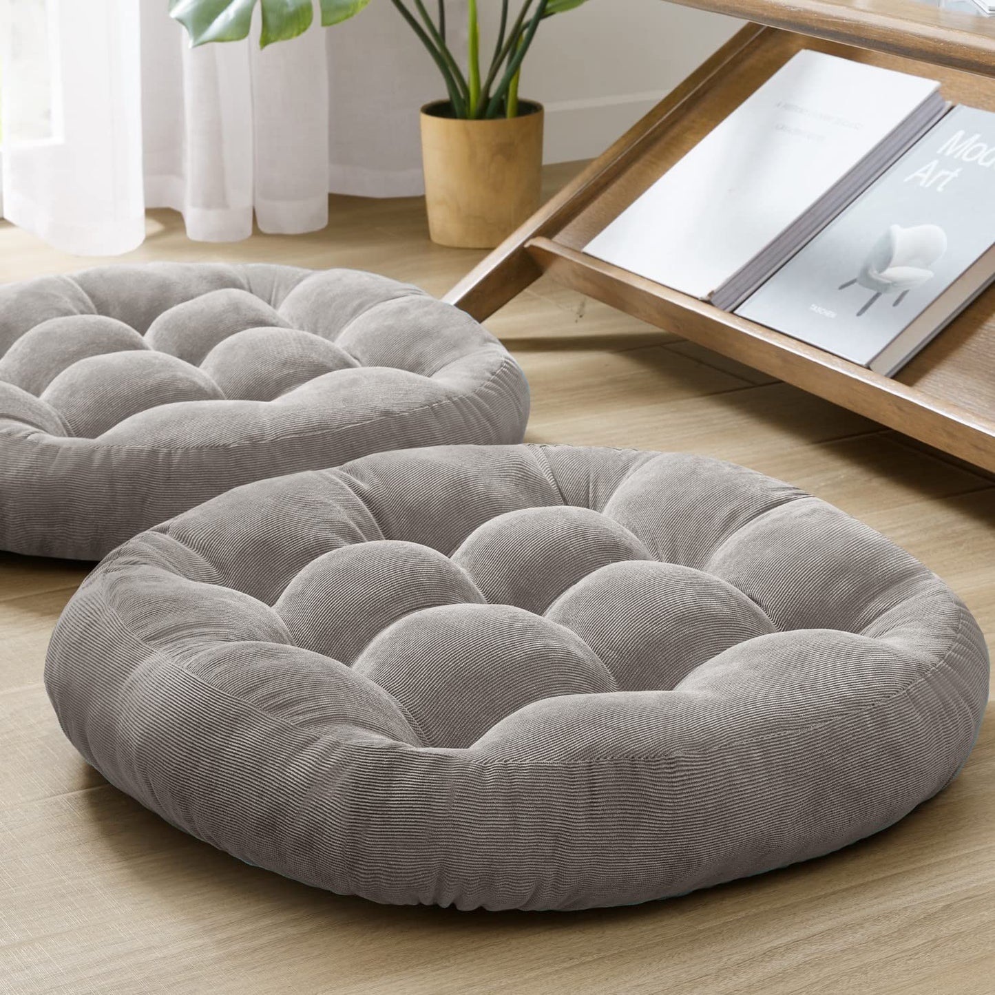 Meditation Floor Pillow Set of 2, Round Large Pillows Seating for Adults, Tufted Corduroy Cushion for Tatami Living Room, Grey, 22 Inch