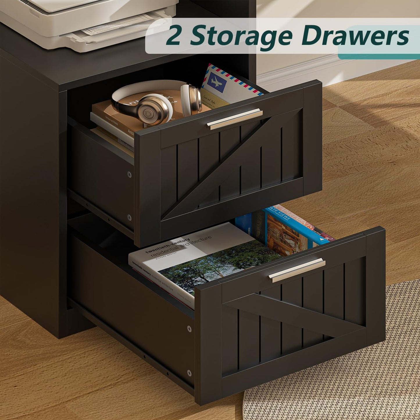 YOMILUVE 63" Farmhouse L Shaped Desk with Drawers & Storage Shelf, Corner Computer Desk with Power Outlets for Home Office, Executive Desk with Monitor Stand, Printer Shelf, Black